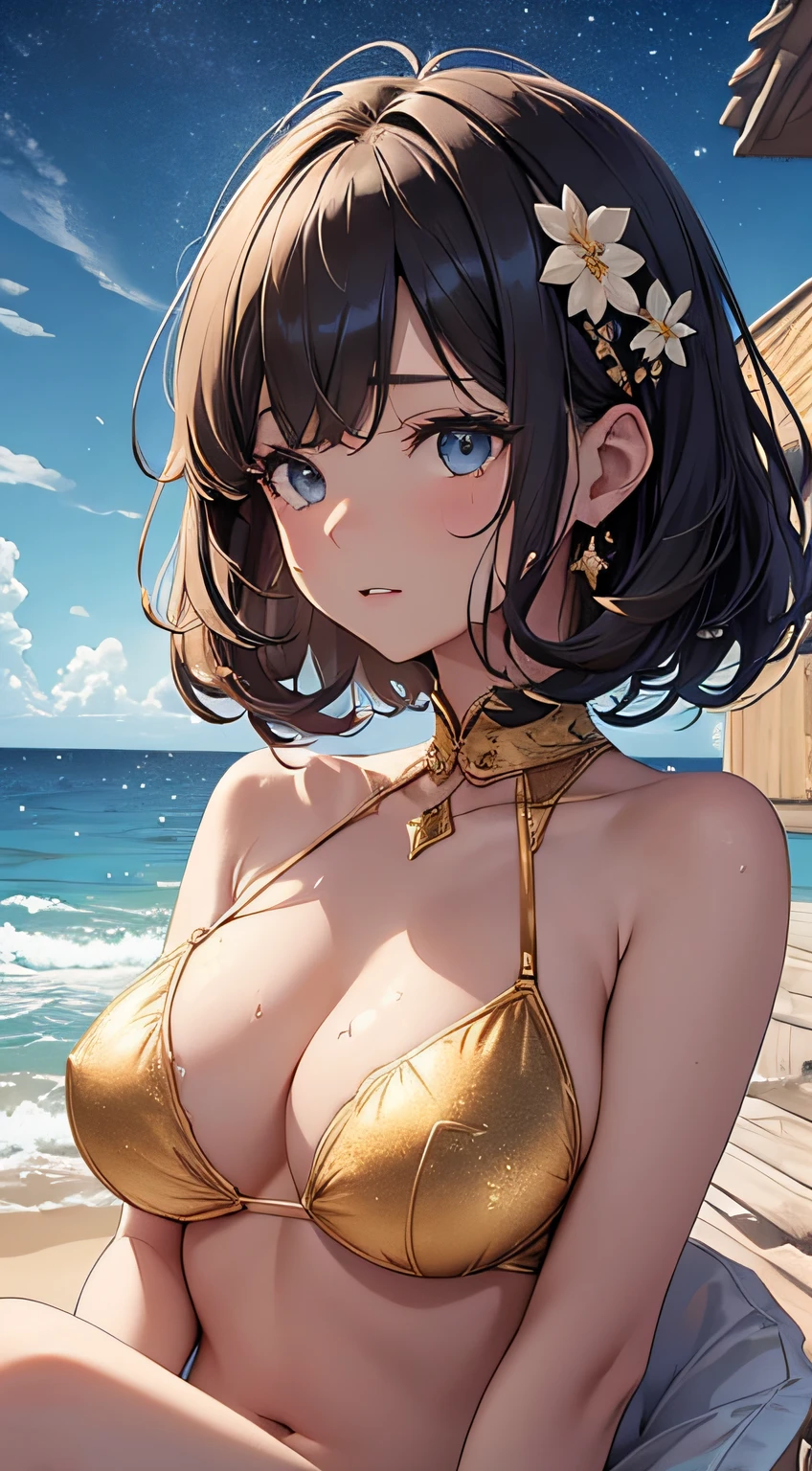 ​masterpiece、Massive landscape（（Fantastic starry sky、mid air、meteors、black hole、beach））、Golden hair、short-cut、a beauty girl、huge tit、Delicate embroidery on a bikini in a transparent color、Farbe々Pose、Wet hair、Body is wet、perspiring、lying back、Looking up、Floral hair ornament