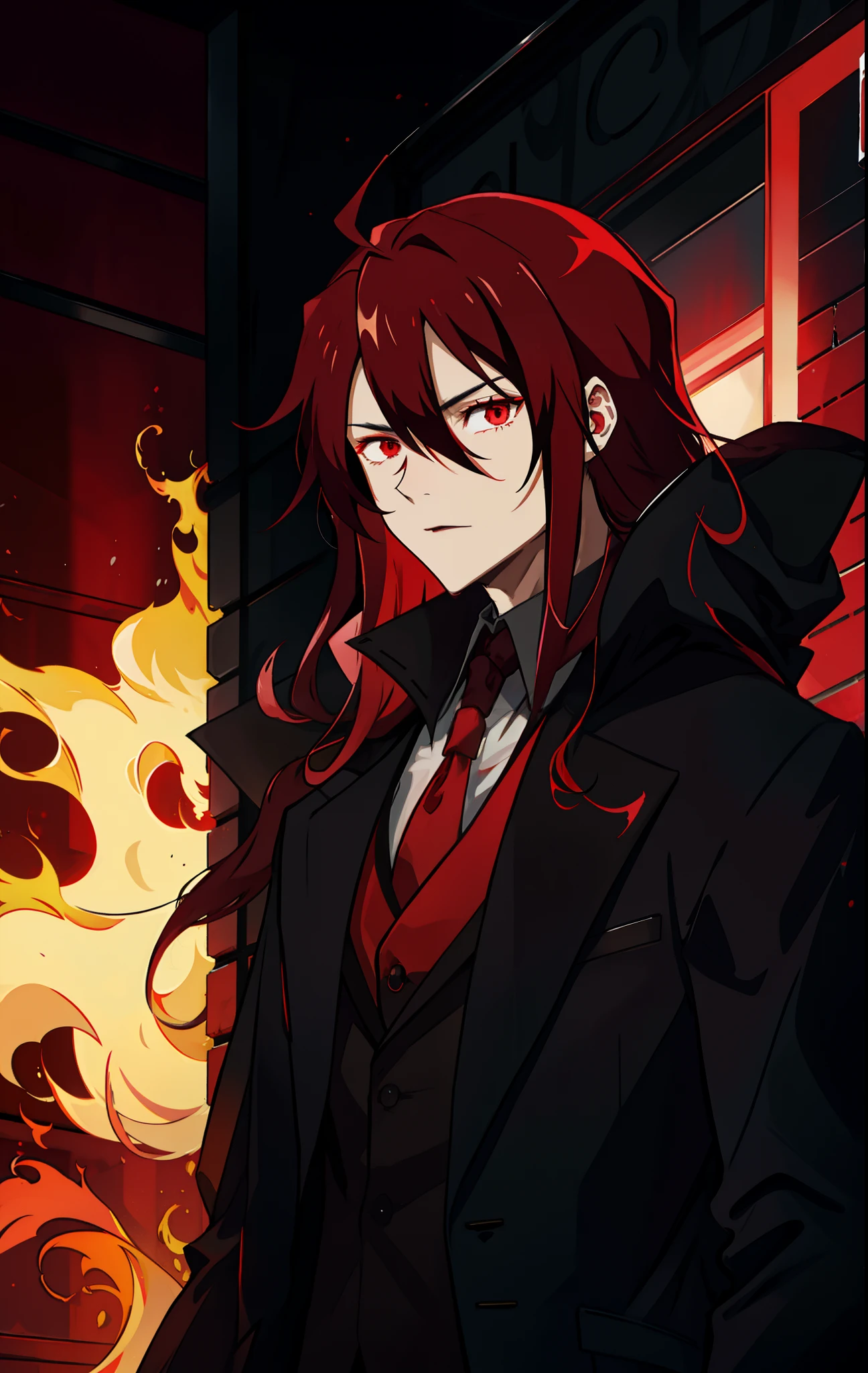 one guy, wearing black overcoat, red long hairs, red eyes, flame aura