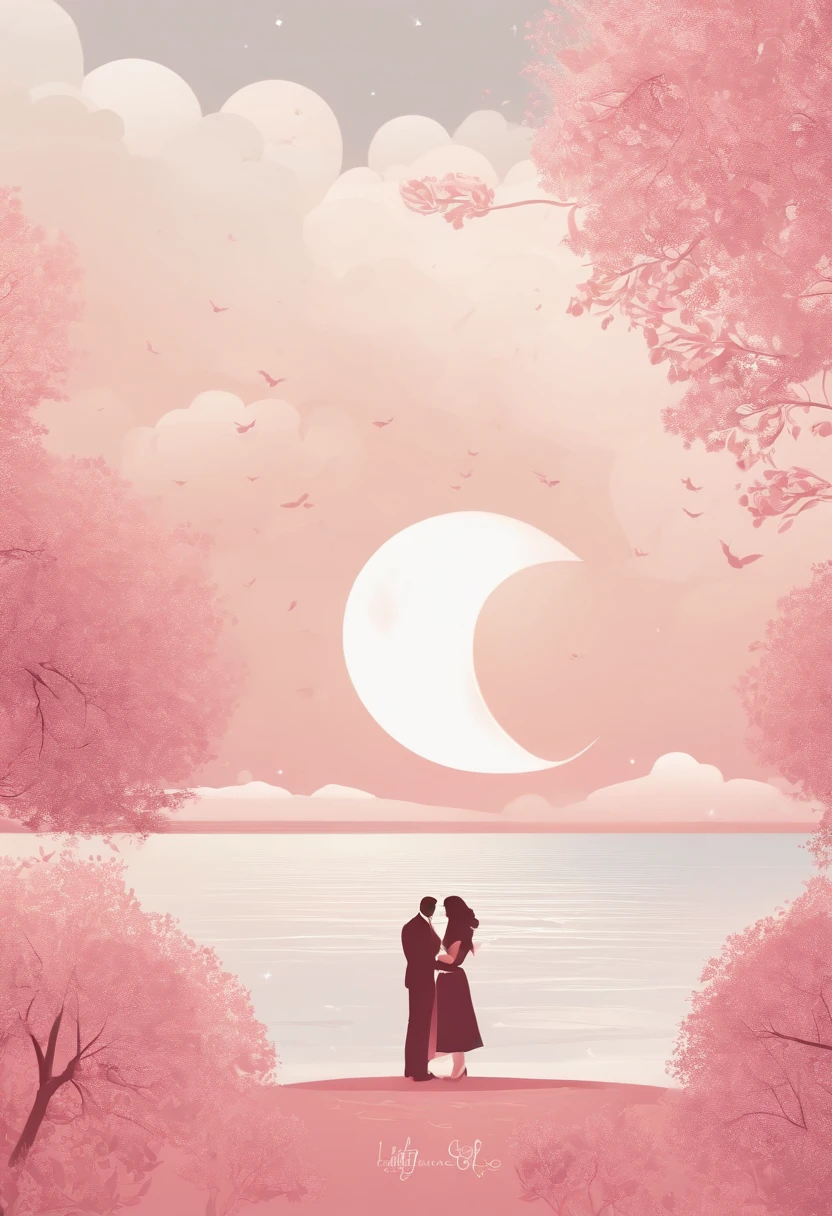 filmposter,poster for,Posters,cover illustration,charact,Huge, Eye-catching headline text,1 moon,Romantic couple kissing in the wind,??????? correct, Delicate pattern,Oriental elements, Clean colors,Pink rose space, Soft lighting,Masterpiece, Super detailed, Epic composition, Highest quality, 8K,