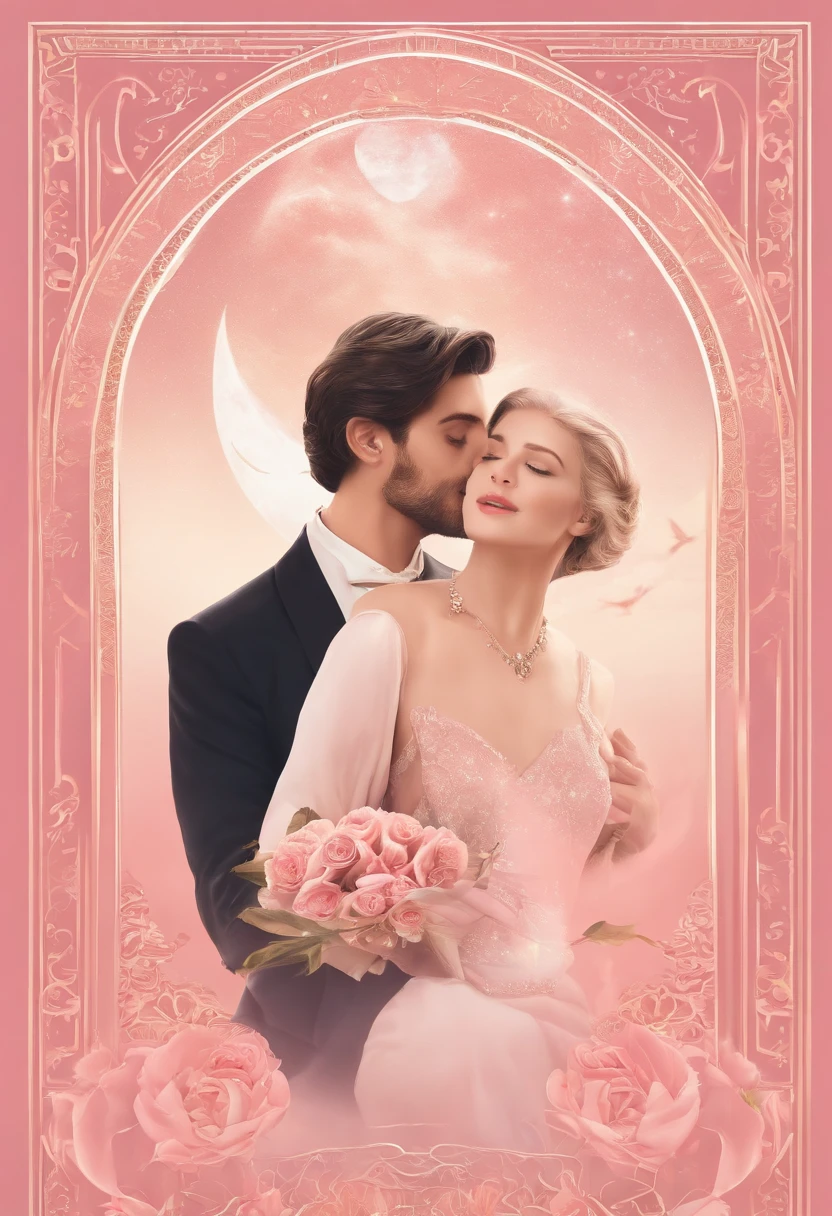 filmposter,poster for,Posters,cover illustration,charact,Huge, Eye-catching headline text,1 moon,Romantic couple kissing in the wind,anatomy correct, Delicate pattern,Oriental elements, Clean colors,Pink rose space, Soft lighting,Masterpiece, Super detailed, Epic composition, Highest quality, 8K,