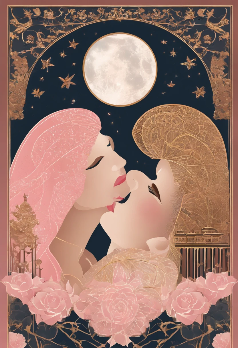 filmposter,poster for,Posters,cover illustration,charact,Huge, Eye-catching headline text,1 moon,Romantic couple kissing in the wind,anatomy correct, Delicate pattern,Oriental elements, Clean colors,Pink rose space, Soft lighting,Masterpiece, Super detailed, Epic composition, Highest quality, 8K,