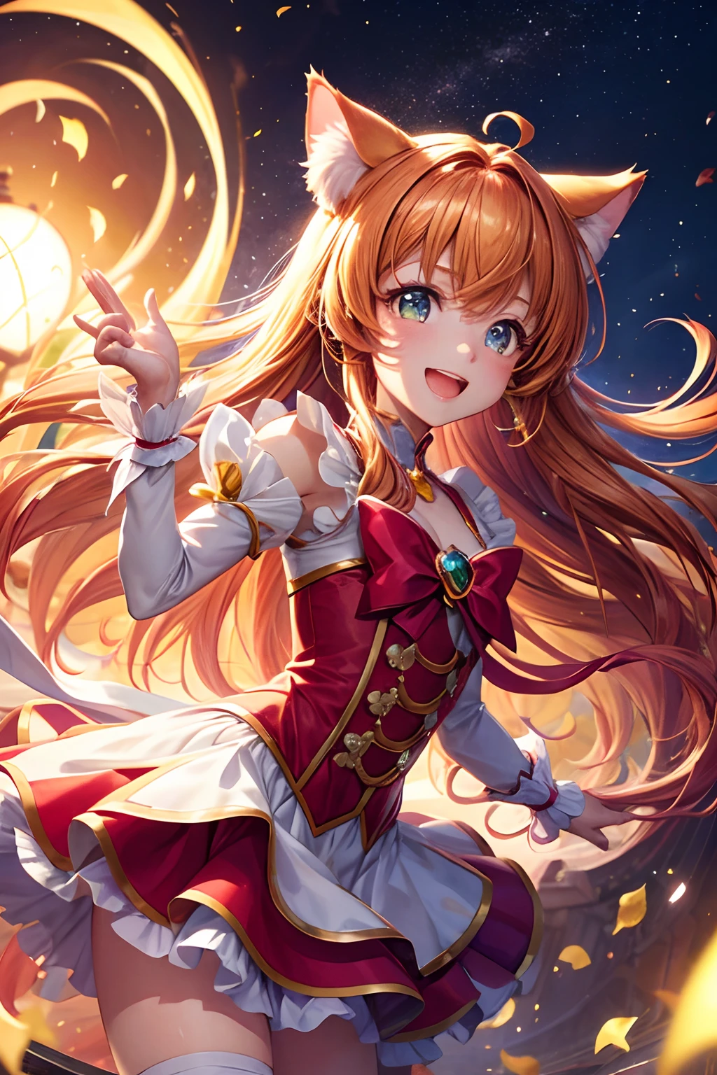 Top quality, high resolution, perfect human structure, background focus, front view, seven-color hair, glowing hair, cat ears, precure cosplay, happy laugh, magic,