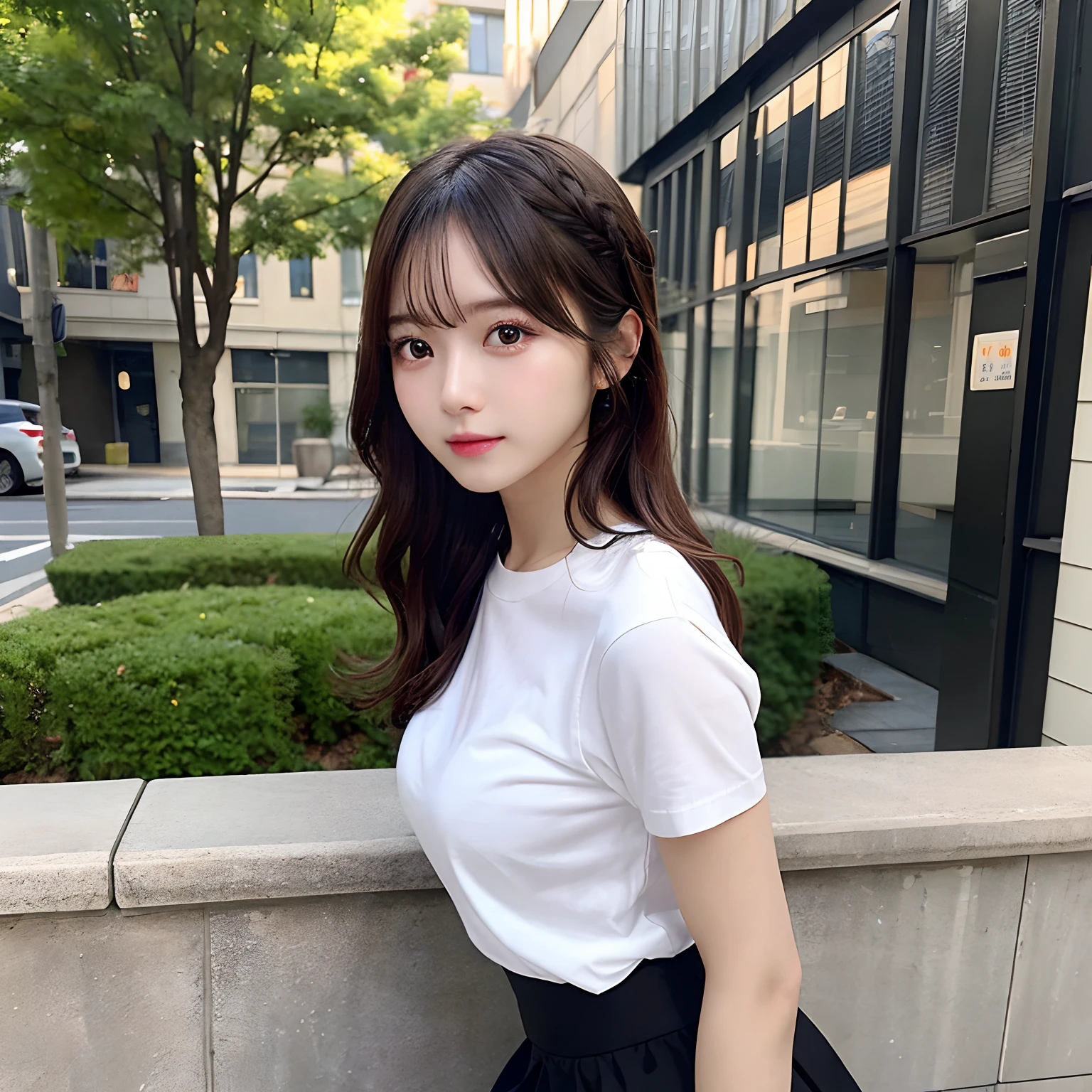 hight resolution,masutepiece,Best Quality,Extremely detailed, hyper realisitic, girl with, full bodyesbian, hair wavy, Black lace skirt, white shirt,arms Avert your eyes, profile, Very beautiful cute,a miniskirt, 8K Wallpaper, Fine detail, Very detailed 8k wallpaper