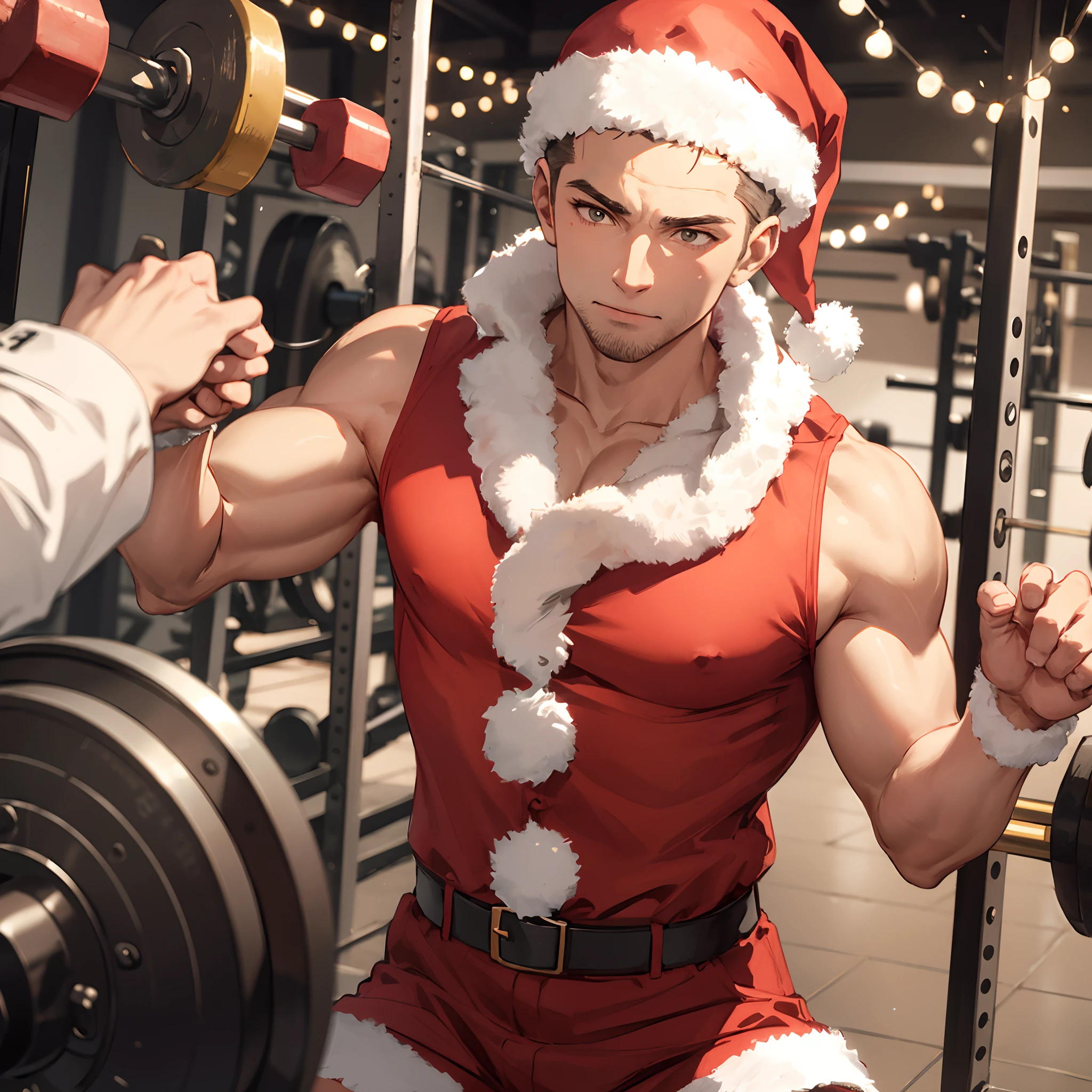 a man in a santa hat laying on a bed, santa, by Pu Hua, by Lü Ji, masculine muscular figure, christmas, muscular masculine figure, santa claus, sexy masculine, muscular man, muscular men, korean artist, manhwa, wearing santa hat, festive, muscular male, sitting on santa, masayoshi suto and artgerm, pan ren wei, ful calidad, 4k, ful HD, calidad de cine, calidad alta