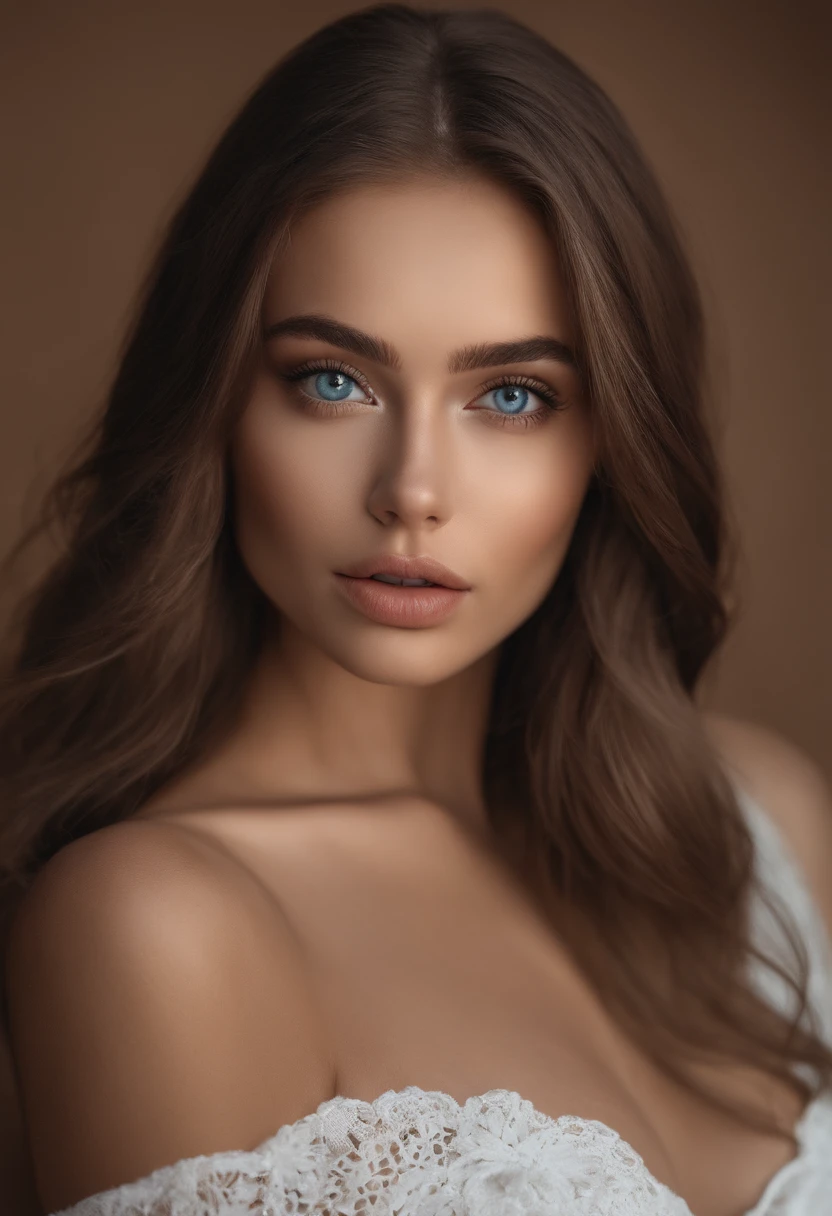 Latino and Swedish Woman, sexy girl with blue eyes, ultra realist, Meticulously detailed, Portrait Sophie Mudd, brown hair and big eyes, selfie of a young woman, wide eyes, white outfit, with makeup, natural makeup, looking straight at camera , Face with Artgram, Subtle makeup, Great photo of the whole body in the beach, beach background, Large bust, in a sexy black skirt, bikini outfit