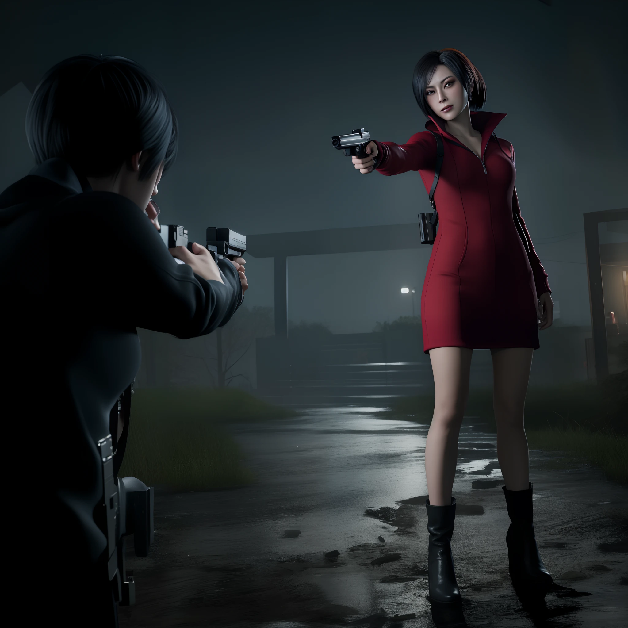 Ada wong, beautiful face, bob hair, perfect Face, wearing mini red dress hoody, wearing hoody, black nail polish, friendly face, glare, girly, holding a gun