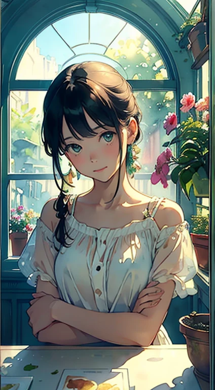 (top-quality、masterpiece)、((Watercolor in Sargent style))、(David Hamilton Style)、(softfocus)、Soft light、The store sells green plants, The main entrance is glazed., The windows are made of glass, On the window shelves there are potted plants and flowers、One woman is taking care of a flower、20yr old、cute face、a smile、