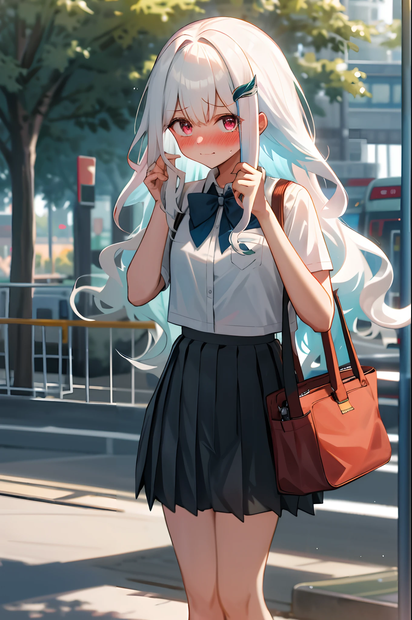 One girl with long wavy hair, white hair, looking at viewer, embarrassed, blushing, tears, outdoor , road, bus stop, busway, white shirts, bow tie, pleated skirt , black skirt, mini skirt, midriff, thigh, perfect waist, bag, noon atmosphere, hair ornament, standing, (embarrassed:1.0)
