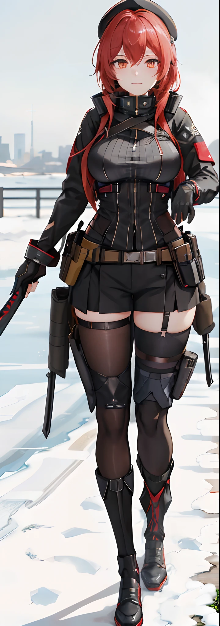 a close up of a person in a uniform with a hat and a sword, fine details. girls frontline, from girls frontline, female rouge assassin, girls frontline style, katanas strapped to her back, m4 sopmod ii girls frontline, cyberpunk outfit, dark natasha, pitch black skin, female outfit, dystopian scifi outfit, azur lane style, 2b