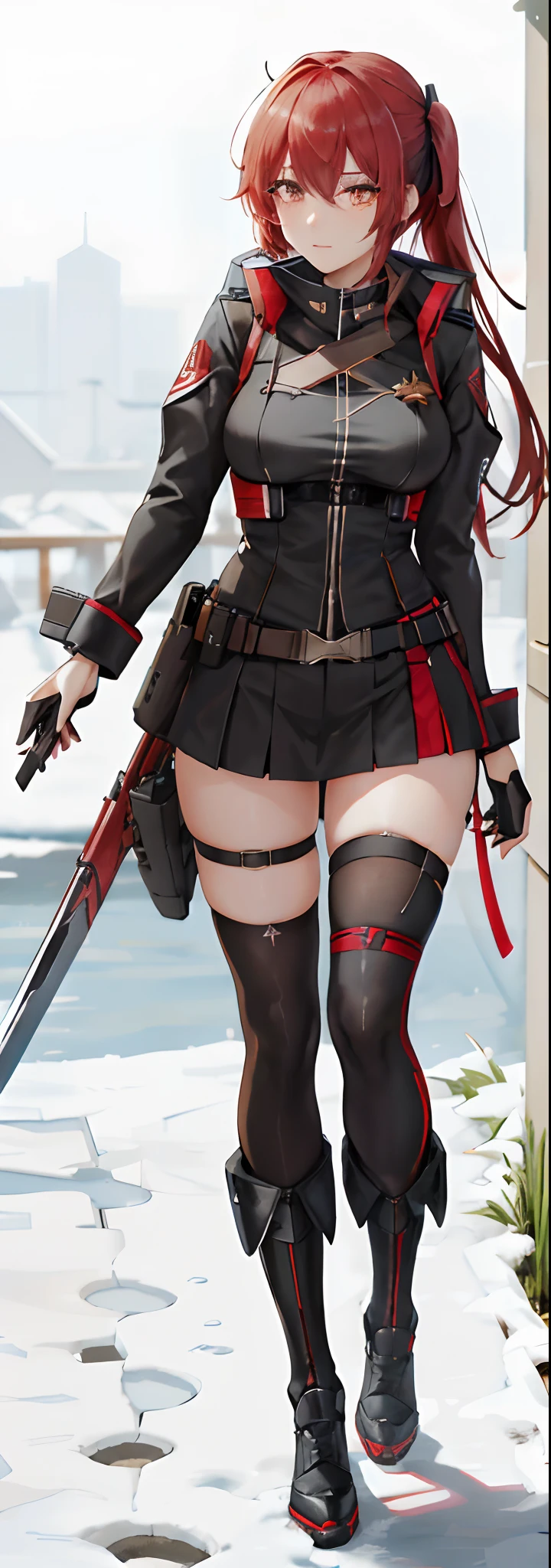 a close up of a person in a uniform with a hat and a sword, fine details. girls frontline, from girls frontline, female rouge assassin, girls frontline style, katanas strapped to her back, m4 sopmod ii girls frontline, cyberpunk outfit, dark natasha, pitch black skin, female outfit, dystopian scifi outfit, azur lane style, 2b