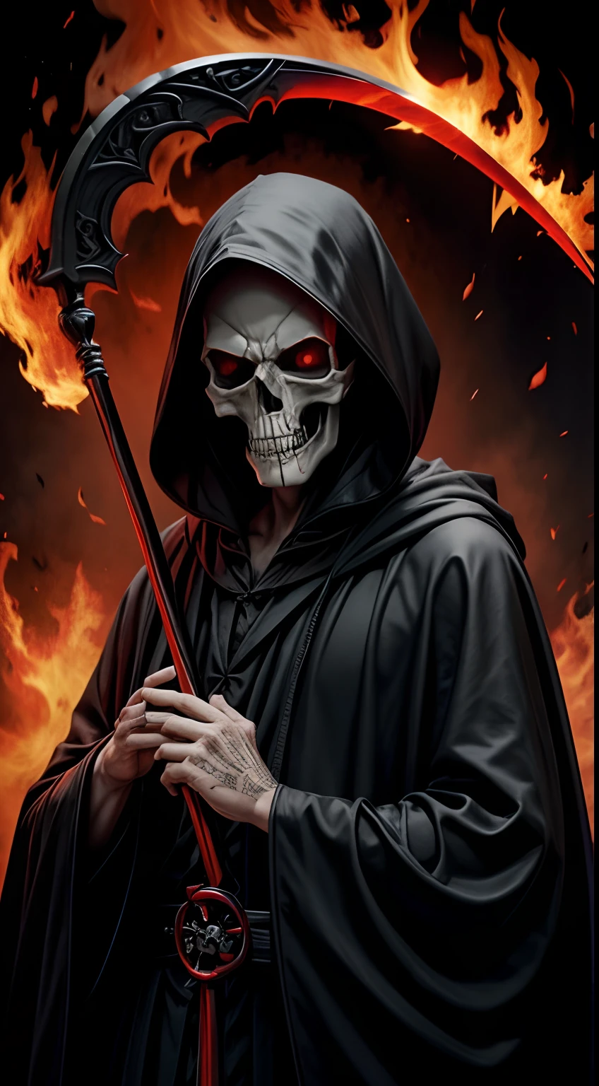 death playing drums in the forest night on fire