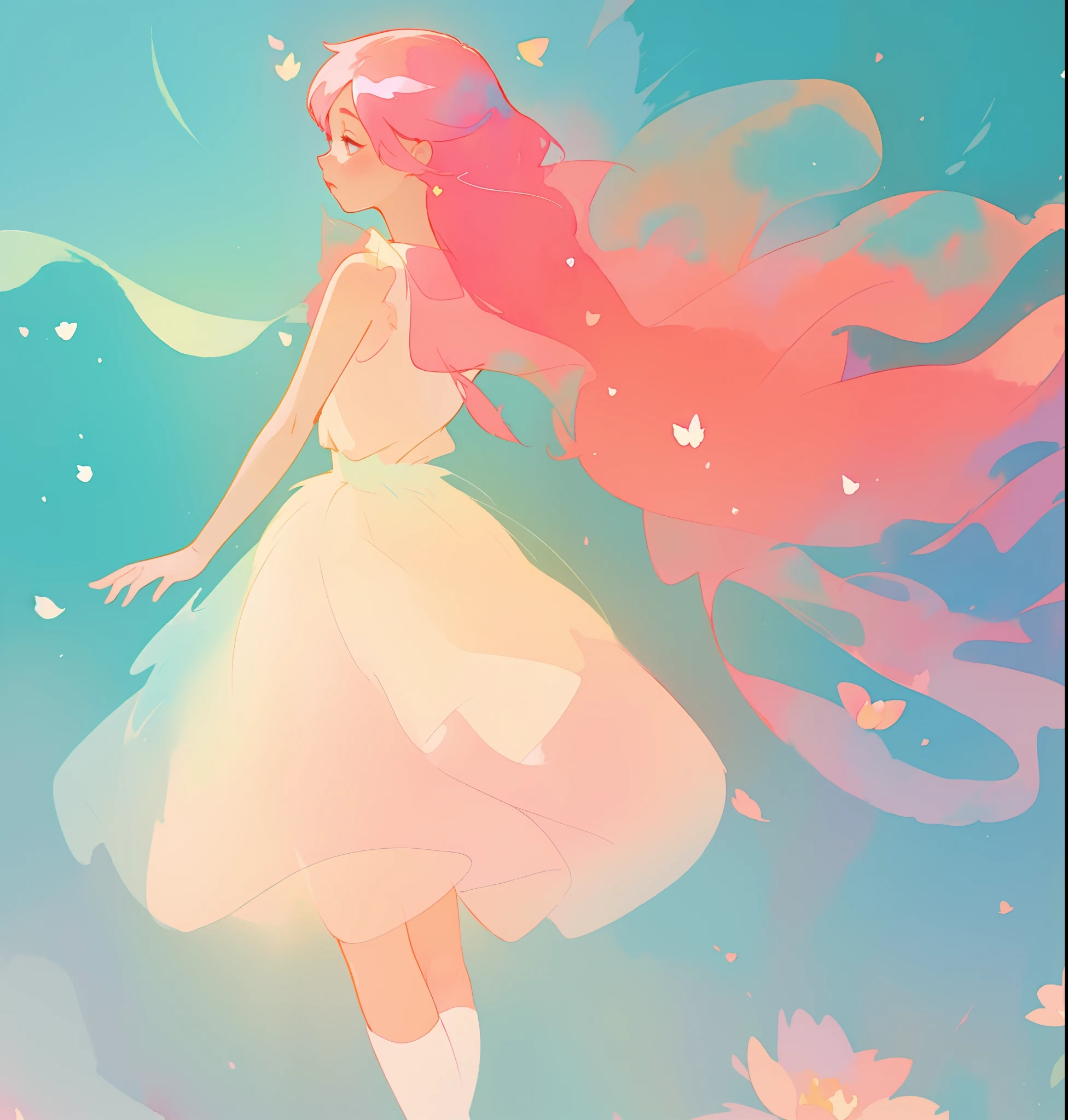 beautiful girl in white puffy tutu dress, long flowing pink peach hair, colorful fantasia background, watercolor illustration, disney art style, beautiful digital illustration, fantasia otherworldly landscape plants flowers, beautiful, masterpiece, best quality, anime disney style, beautiful face