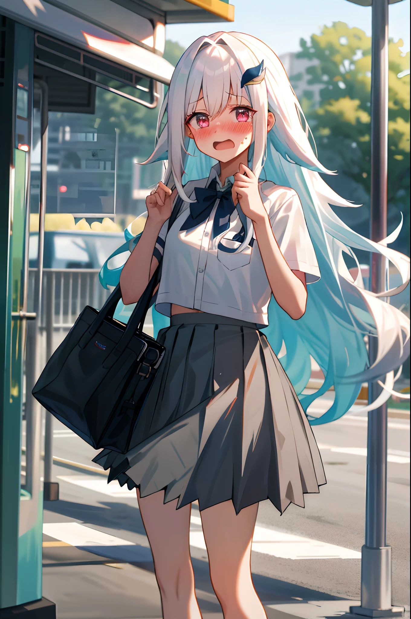 One girl with long wavy hair, white hair, looking at viewer, embarrassed, blushing, tears, open mouth, outdoor , road, bus stop, busway, white shirts, bow tie, pleated skirt , black skirt, mini skirt, midriff, thigh, perfect waist, bag, noon atmosphere, hair ornament, standing, (embarrassed:1.0)