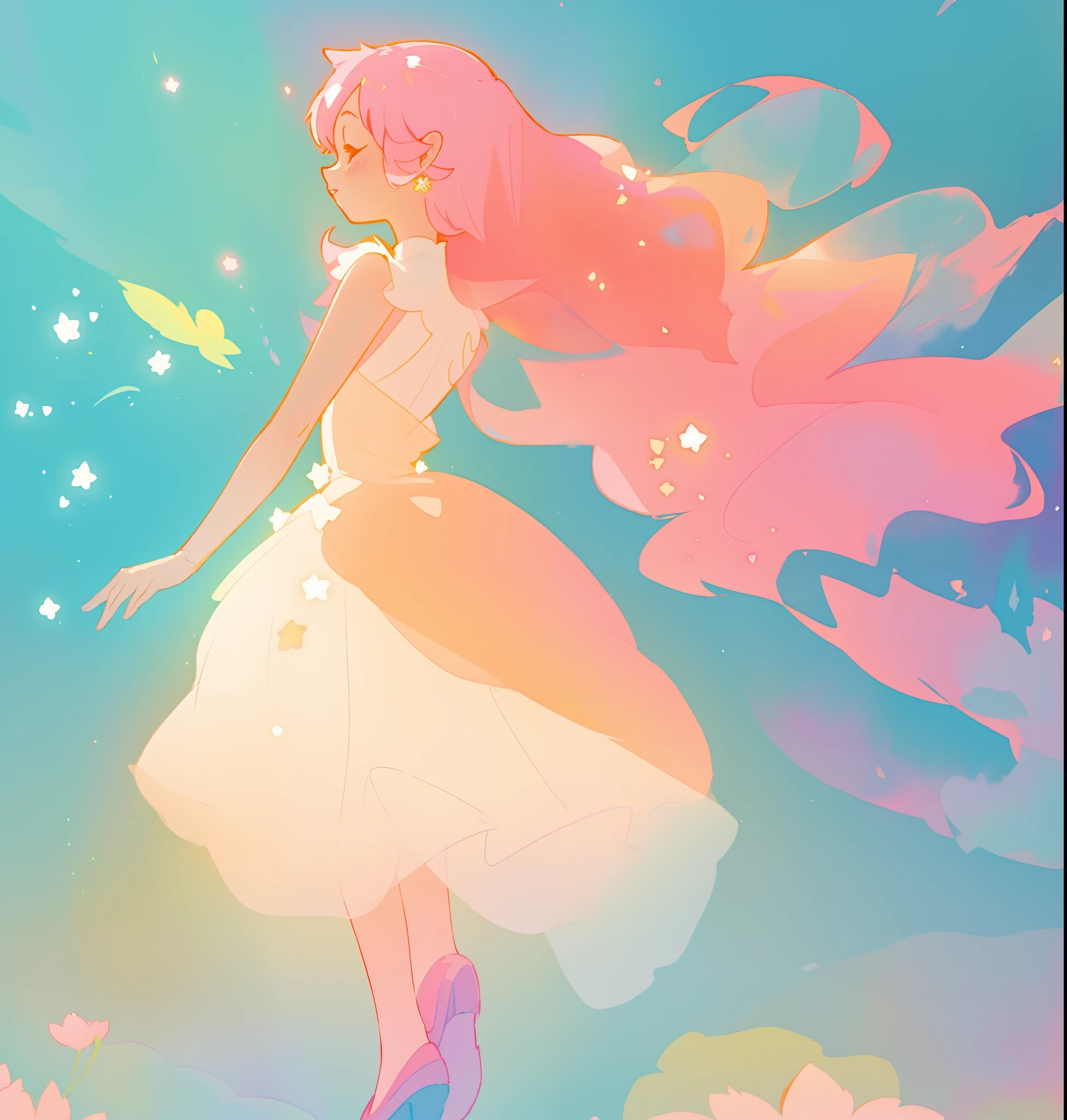 beautiful girl in white puffy sparkling tutu dress, glowing lights, long flowing pink peach hair, colorful fantasia background, watercolor illustration, disney art style, beautiful digital illustration, fantasia otherworldly landscape plants flowers, beautiful, masterpiece, best quality, anime disney style