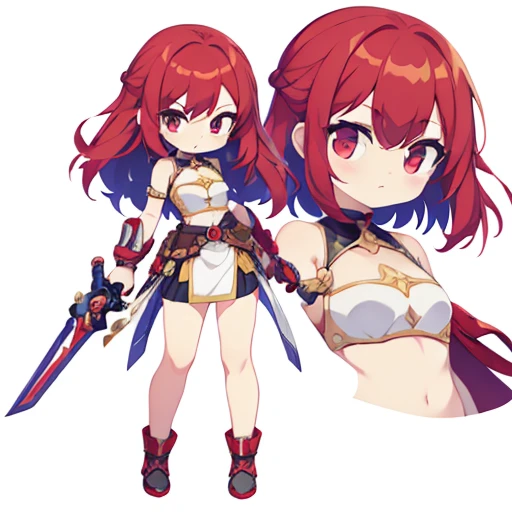 (((Best Quality))) , ((full body)), female, multiple views,  (white background), chibi, holding weapon,