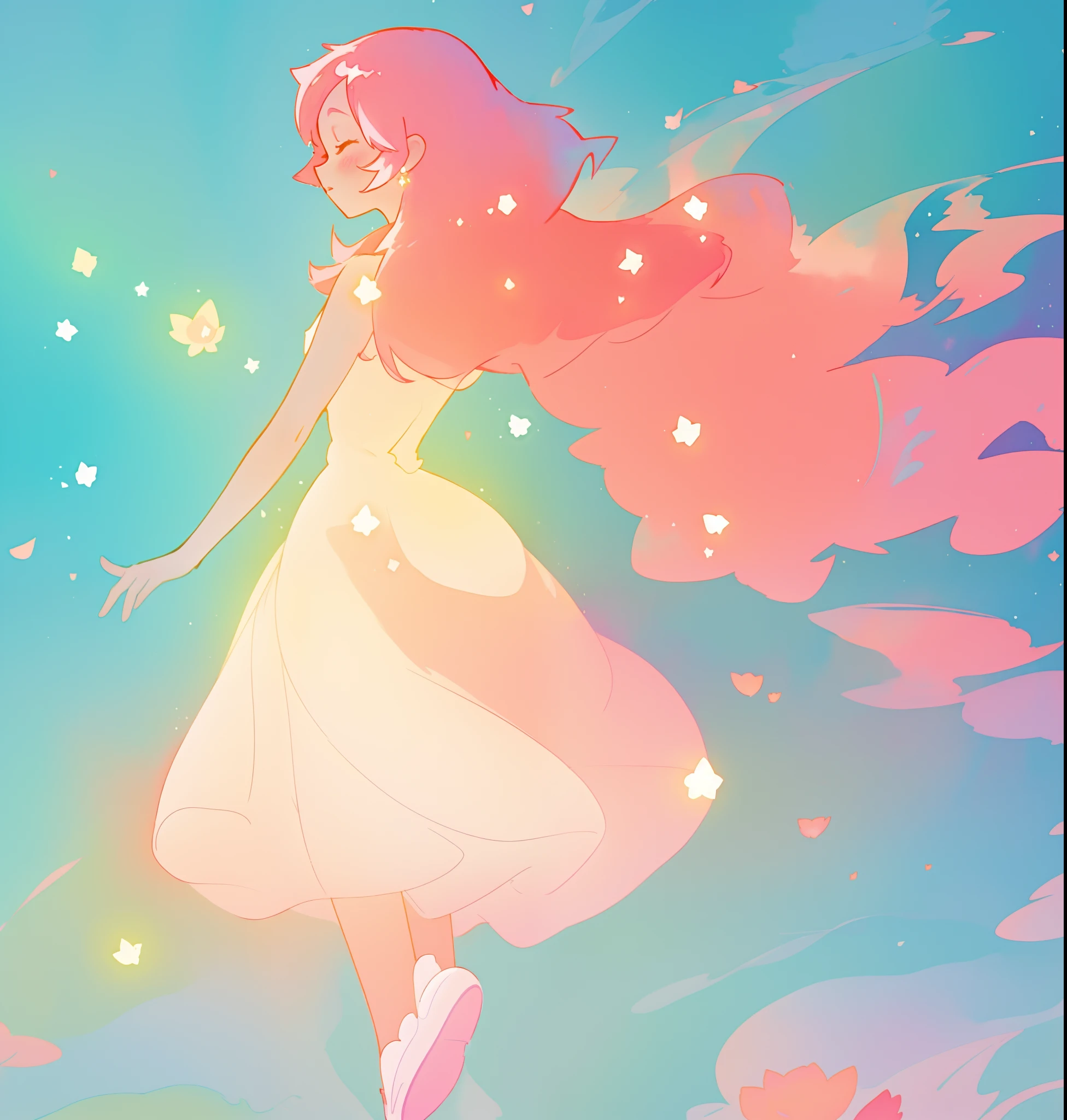 beautiful girl in white puffy sparkling tutu dress, glowing lights, long flowing pink peach hair, colorful fantasia background, watercolor illustration, disney art style, beautiful digital illustration, fantasia otherworldly landscape plants flowers, beautiful, masterpiece, best quality, anime disney style