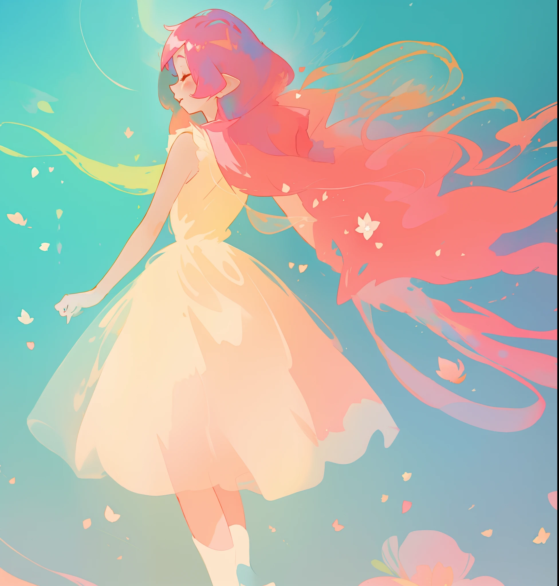 beautiful girl in white puffy tutu dress, long flowing pink peach hair, colorful fantasia background, watercolor illustration, disney art style, beautiful digital illustration, fantasia otherworldly landscape plants flowers, beautiful, masterpiece, best quality, anime disney style