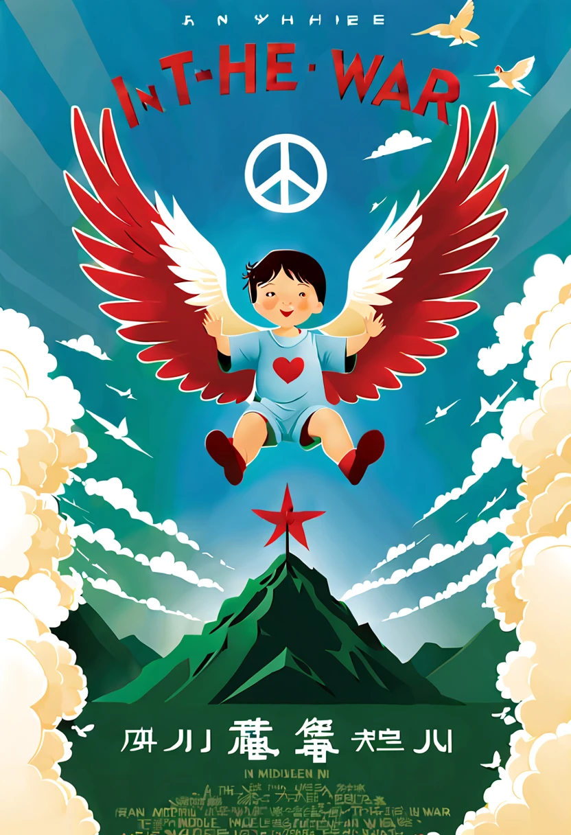 (Anti-war movie poster: 1.8),(In the middle is an injured child: 1.7),(It was surrounded by shattered weapons and exploding flames)。War brings nothing but suffering and destruction,Let's fight the war together,Cherish peace。The poster has a big hand on it,There is a small mudra in the palm of the hand,It symbolizes the protection of children。Another handprint is in the heart area,It symbolizes the protection of women。together, Let us build a protective wall for children and women,Stay away from the harm of war。The poster features a dove of peace,It holds an olive branch,Spread your wings and fly。It is surrounded by blue skies, White clouds, green mountains and green waters,A symbol of a peaceful world, (American movie poster: 1.5), (American comics),(((A movie poster with the theme of cherishing peace)))