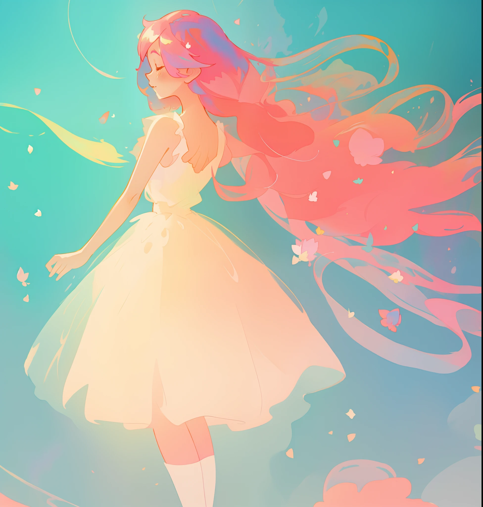 beautiful girl in white puffy tutu dress, long flowing pink peach hair, colorful fantasia background, watercolor illustration, disney art style, beautiful digital illustration, fantasia otherworldly landscape plants flowers, beautiful, masterpiece, best quality, anime disney style