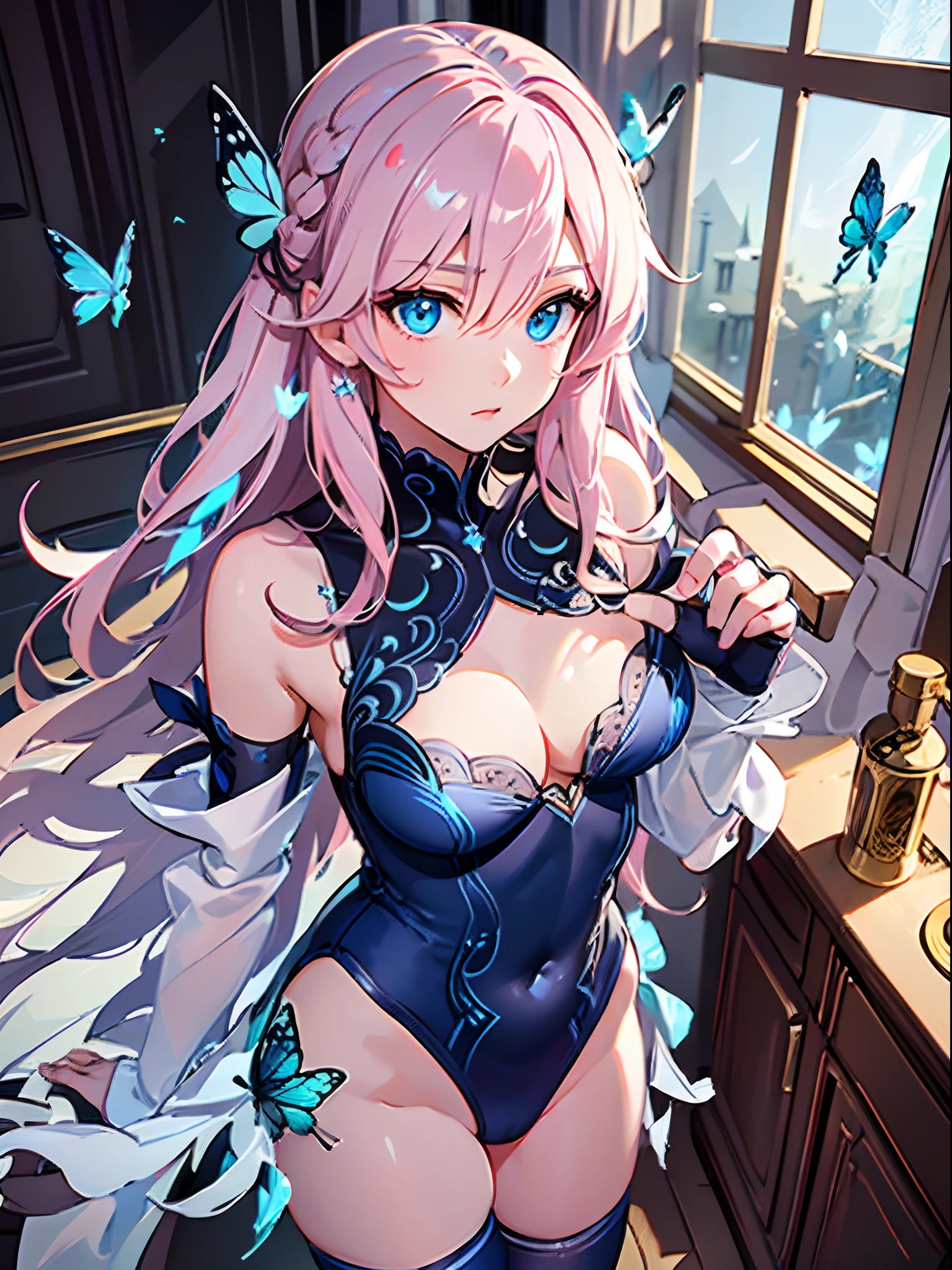 (Overhead view),dynamic angle,ultra-detailed, illustration, close-up, straight on, 1girl, (fantasy:1.4), (azure blue eyes:1.233),Her eyes shone like dreamy stars,(glowing eyes:1.233),(beautiful and detailed eyes:1.1),(pink hair:1.14),(messy hair,very long hair,french braid,hair between eyes,sidelocks),(light blue leotard),(detached sleeves,wide sleeves),(fingerless gloves),(thighhighs),High heeled boots,(expressionless,closed mouth),(standing), (classical Princess boudoir with dressing table and french window in a white ancient palaces),(white flowers,bloom),(night:1.2),dreamy,soul,(fluorescence),(flying translucent blue butterflies:1.15), [[delicate fingers and hands:0.55]::0.85],(detail fingers),(yubao:0.5),full body shot,cowboy shot