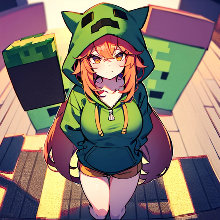 Girl in green minecraft creeper hoodie. Orange hair, extremely short shorts.