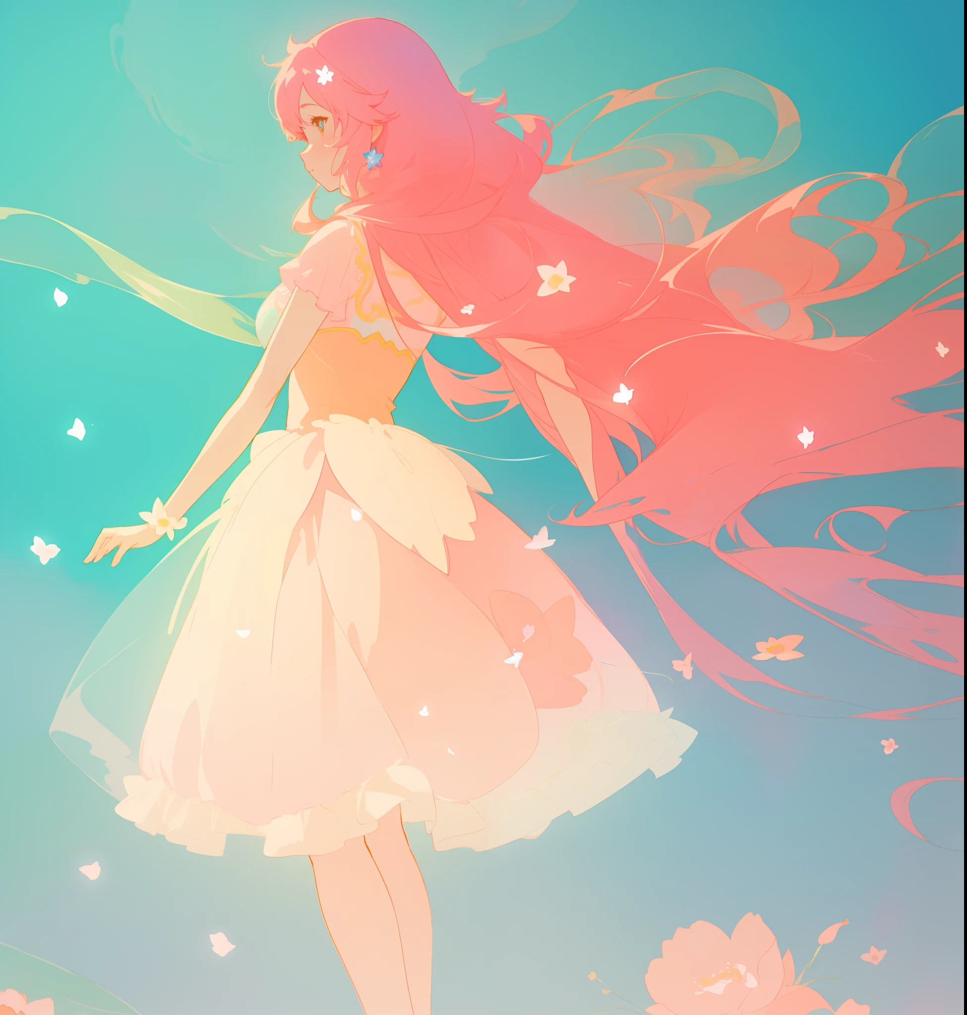 beautiful girl in white puffy tutu dress, long flowing pink peach hair, colorful fantasia background, watercolor illustration, disney art style, beautiful digital illustration, fantasia otherworldly landscape plants flowers, beautiful, masterpiece, best quality, anime disney style, beautiful face