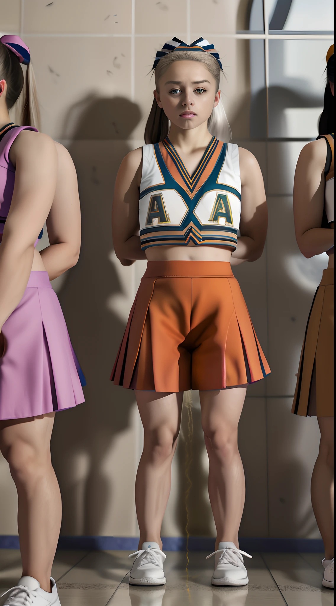 28 year old female cheerleader,White shirt,thick polyester pleated gray knee length midi skirt,knee high combat boots,long braided pigtails, (large breasts: 1.8),(pee her pleated skirt:1.3),need to pee posture,(in line of cheerleaders waiting for bathroom:1.5)、RAW photography, top-quality, A high resolution, (masterpiece), (Photorealsitic:1.4), 8K分辨率, intricately details, depth of fields, the Extremely Detailed CG Unity 8K Wallpapers, Frontlighting, full body shot, cheerleader needs to pee very urgently, waiting in line for bathroom, (legs crossed trying to close pee hole: 1.5) (cross-eyed as pee forces out into her skirt: 1.5), embarrassed, blushing, ashamed, crying out in disbelief, (defeated accepting the inevitable peeing herself waiting for bathroom: 1.8), girl forced to pee through her pleated cheerleading skirt,