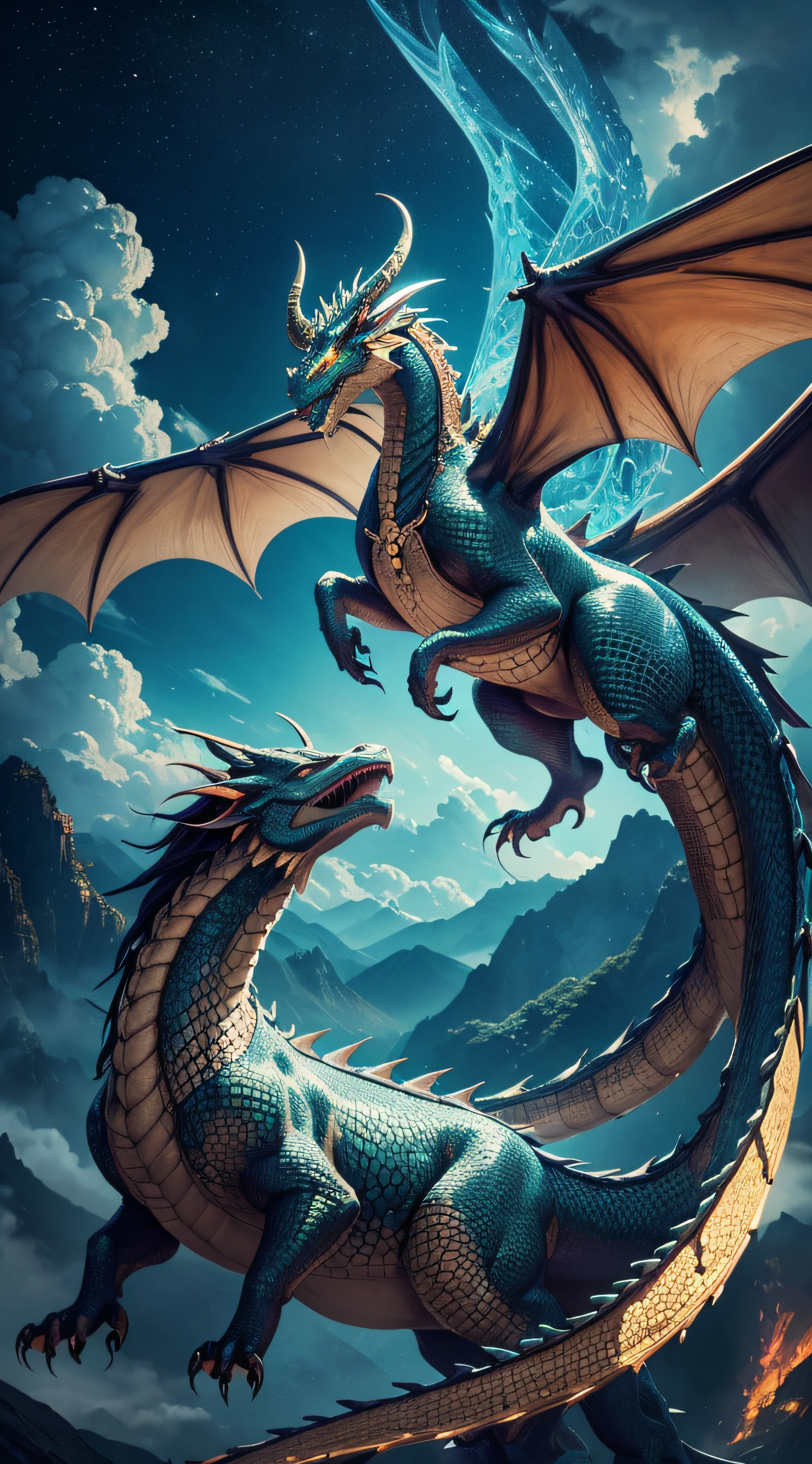 a picture of a dragon with a large head and claws, concept art by Yang J, trending on deviantart, fantasy art, dragons flying in the sky, giant dragon flying in the sky, battle with dragon, dragons flying around, dragon flying in the background, fighting a dragon, dragon in the background, from guild wars, colossal dragon in background, alduin