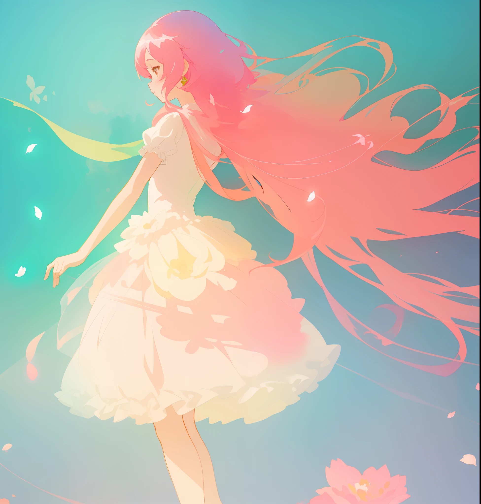 beautiful girl in white puffy tutu dress, long flowing pink peach hair, colorful fantasia background, watercolor illustration, disney art style, beautiful digital illustration, fantasia otherworldly landscape plants flowers, beautiful, masterpiece, best quality, anime disney style, beautiful face
