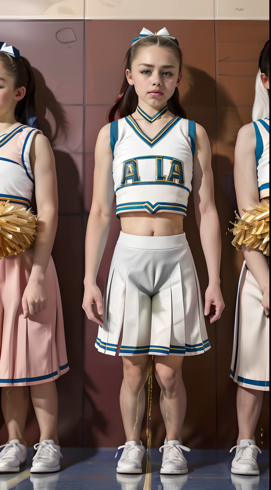 28 year old female cheerleader,White shirt,thick polyester pleated gray knee length midi skirt,knee high combat boots,long braided pigtails, (large breasts: 1.8),(pee her pleated skirt:1.3),need to pee posture,(in line of cheerleaders waiting for bathroom:1.5)、RAW photography, top-quality, A high resolution, (masterpiece), (Photorealsitic:1.4), 8K分辨率, intricately details, depth of fields, the Extremely Detailed CG Unity 8K Wallpapers, Frontlighting, full body shot, cheerleader needs to pee very urgently, waiting in line for bathroom, (legs crossed trying to close pee hole: 1.5) (cross-eyed as pee forces out into her skirt: 1.5), embarrassed, blushing, ashamed, crying out in disbelief, (defeated accepting the inevitable peeing herself waiting for bathroom: 1.8), girl forced to pee through her pleated cheerleading skirt,