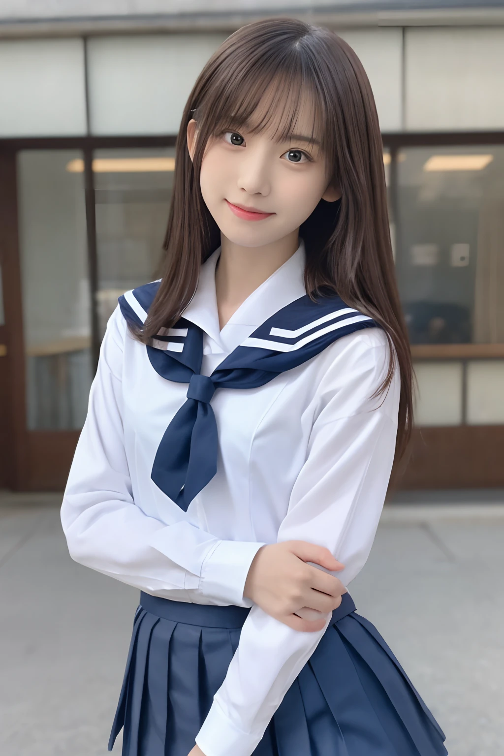 girl on bed,gym sitting,long-sleeved white sailor shirt with plaid red bow tie,navy blue pleated skirt,white panties,18-year-old,bangs,a little smile,thighs,short cut hair,low ponytail,hair browing,from beside,frontlighting