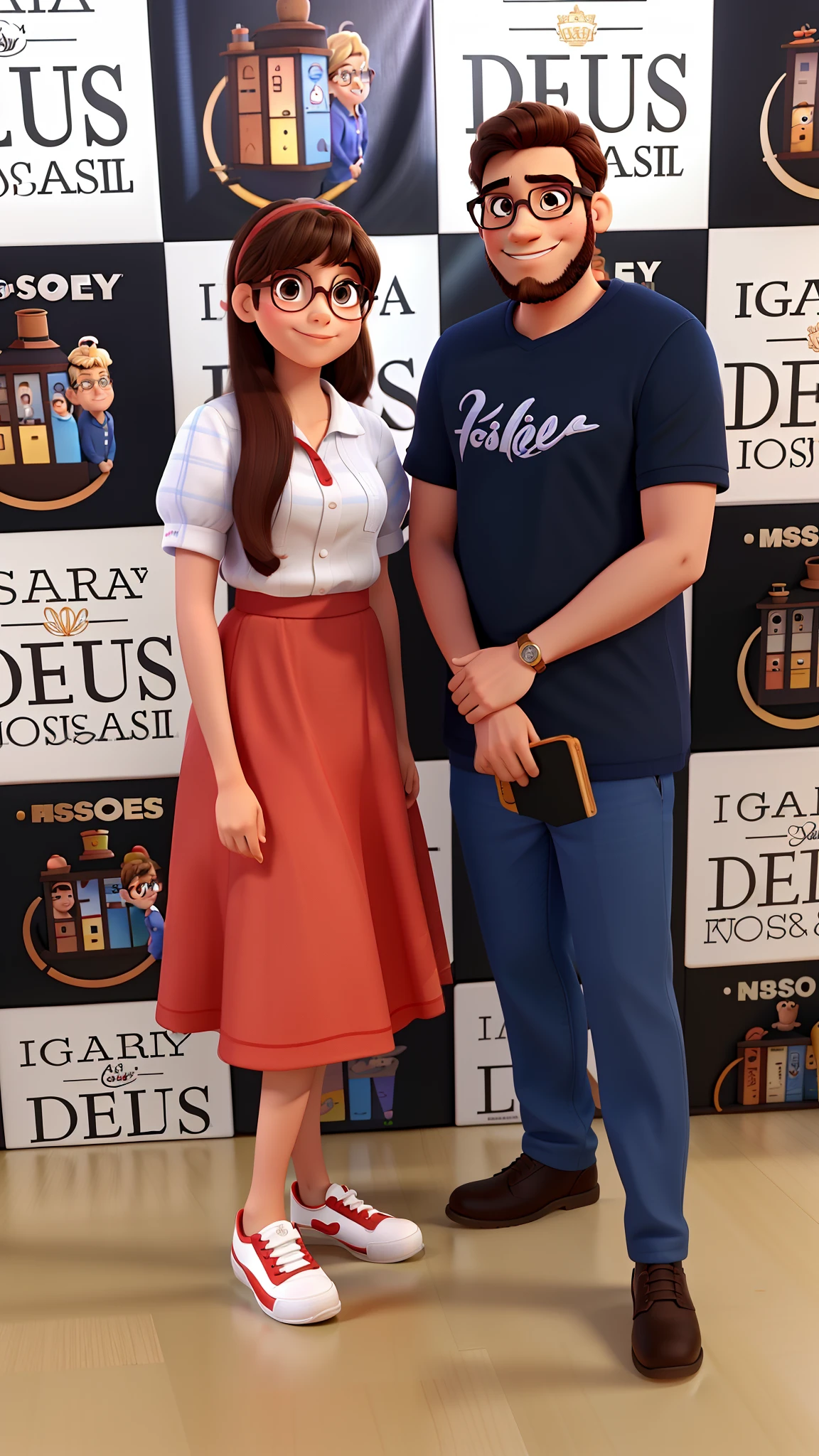 Casal estilo Disney Pixar, Girl with glasses, e menino de barba, alta qualidade, best quality