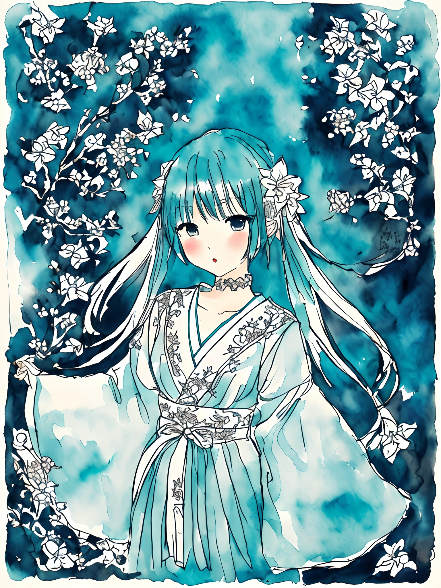 pen、ink、Personification of calligraphy、cyan colors、Japanese dress