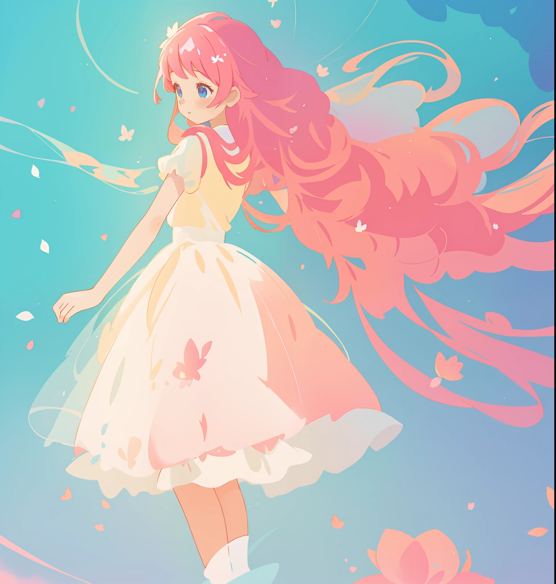 beautiful girl in white puffy tutu dress, long flowing pink peach hair, colorful fantasia background, watercolor illustration, disney art style, beautiful digital illustration, fantasia otherworldly landscape plants flowers, beautiful, masterpiece, best quality, anime disney style