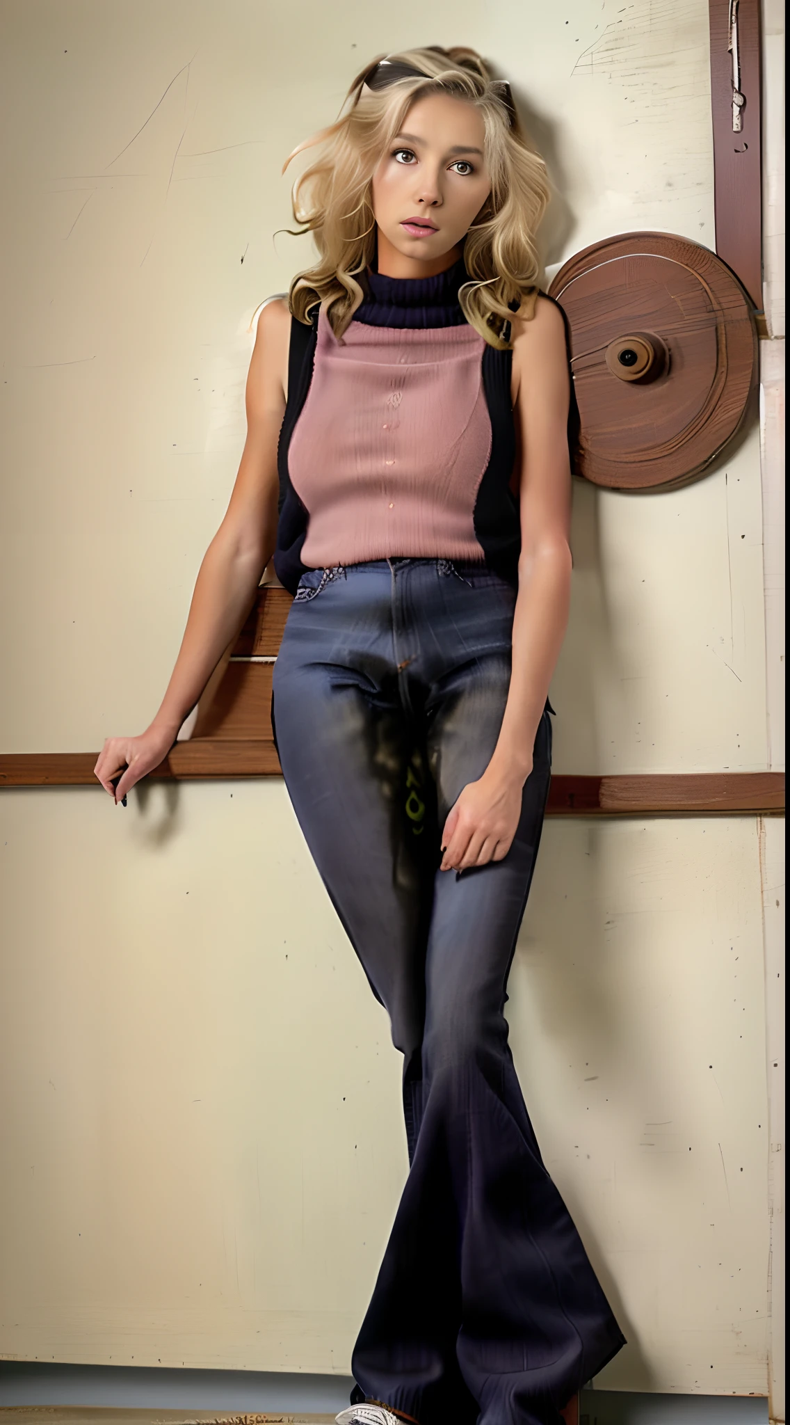 ((Varsity Cheerleader SarahChalke legs crossed peeing herself leaning against the wall)), (70s style bellbottom wide flare jeans:1.4) (black sleeveless turtleneck sweater vest: 1.4) (sneakers), (large breasts: 1.5), ashamed, embarrassed, (legs crossed trying to close her pee hole:1.5), pee dropping from hem of flared jeans, surprised (cross-eyed as she's forced to pee in her jeans), embarrassed, blushing, defeated accepting the inevitable peeing herself, (16k resolution, (full body photo), hyper-realistic photo, Masterpiece, absurdres, award winning photo, extremely detailed clothing, realistic skin texture, realistic clothing texture, Sharp Focus, HDR, amazing detail, High quality resolution),