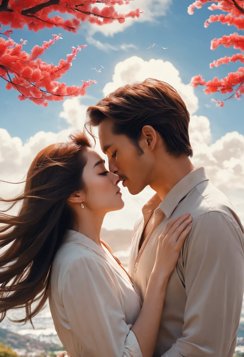 Romantic couple kissing in the wind,filmposter,poster for,charact,Huge, Eye-catching headline text,English text, Badge in English, The title is in English, English text, English kanji