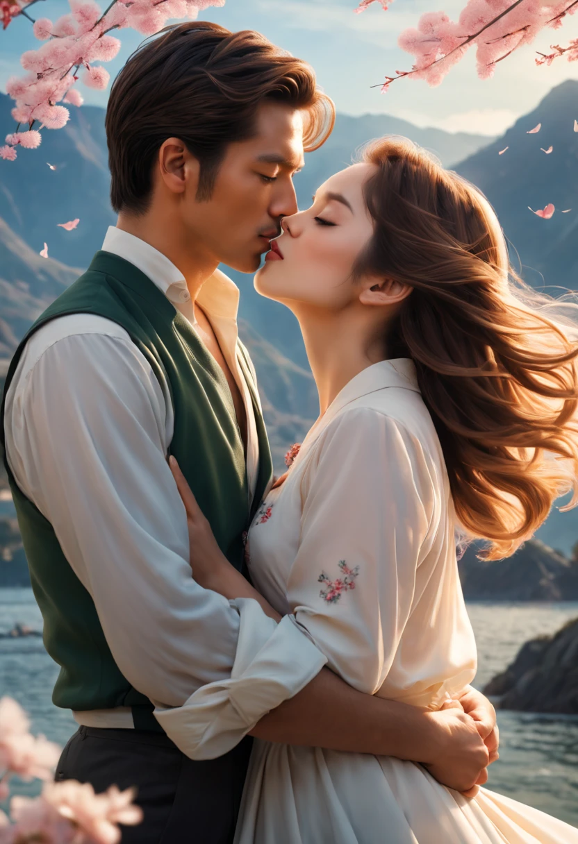 Romantic couple kissing in the wind,filmposter,poster for,charact,Huge, Eye-catching headline text,English text, Badge in English, The title is in English, English text, English kanji