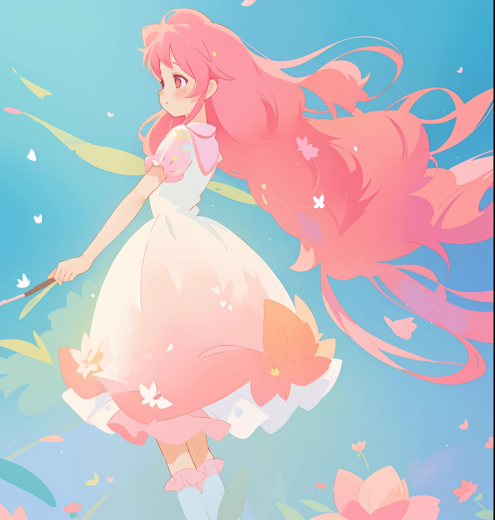 beautiful girl in white puffy tutu dress, long flowing pink peach hair, colorful fantasia background, watercolor illustration, disney art style, beautiful digital illustration, fantasia otherworldly landscape plants flowers, beautiful, masterpiece, best quality, anime disney style