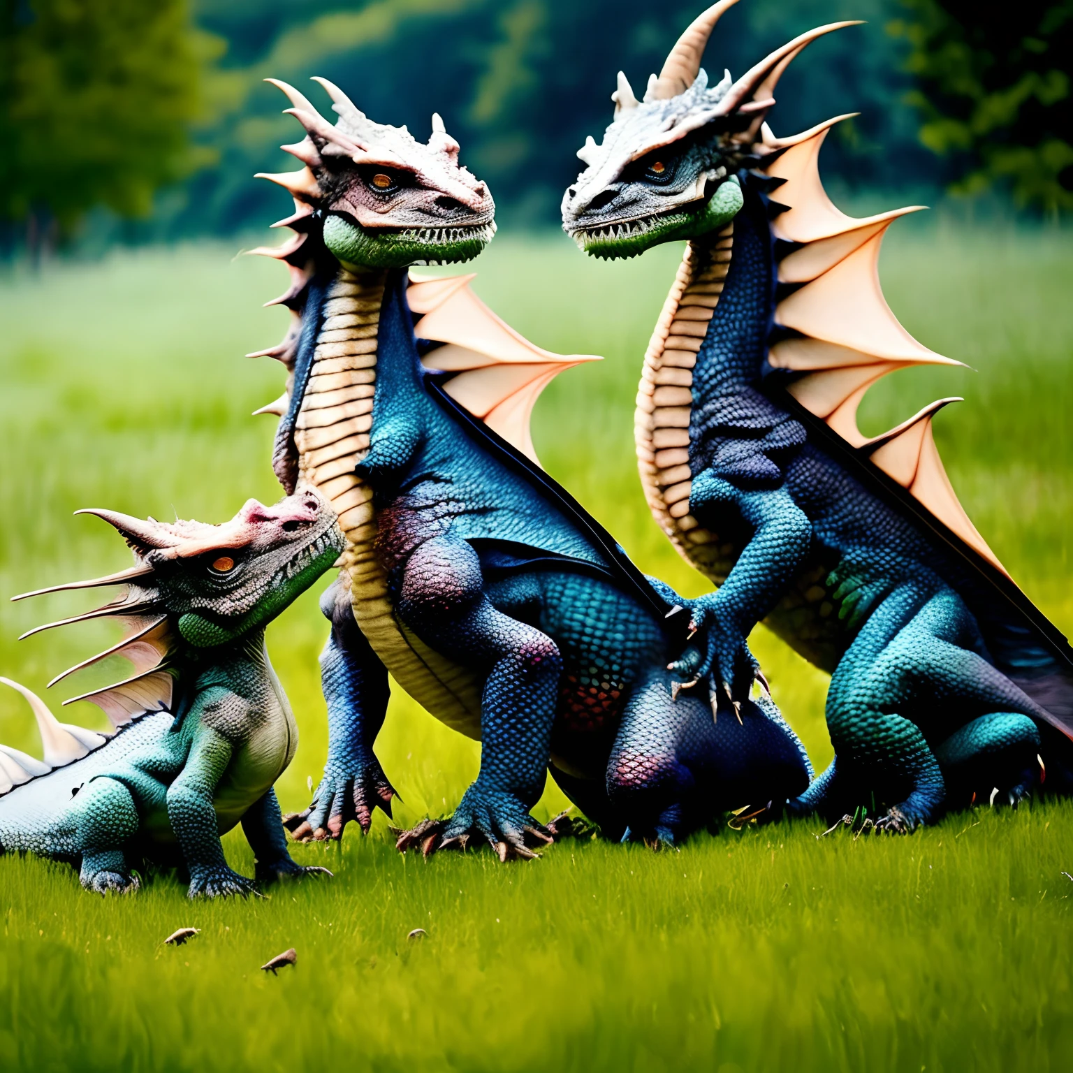 Realistic dragons in a mystical field baby dragons playing in front of them
