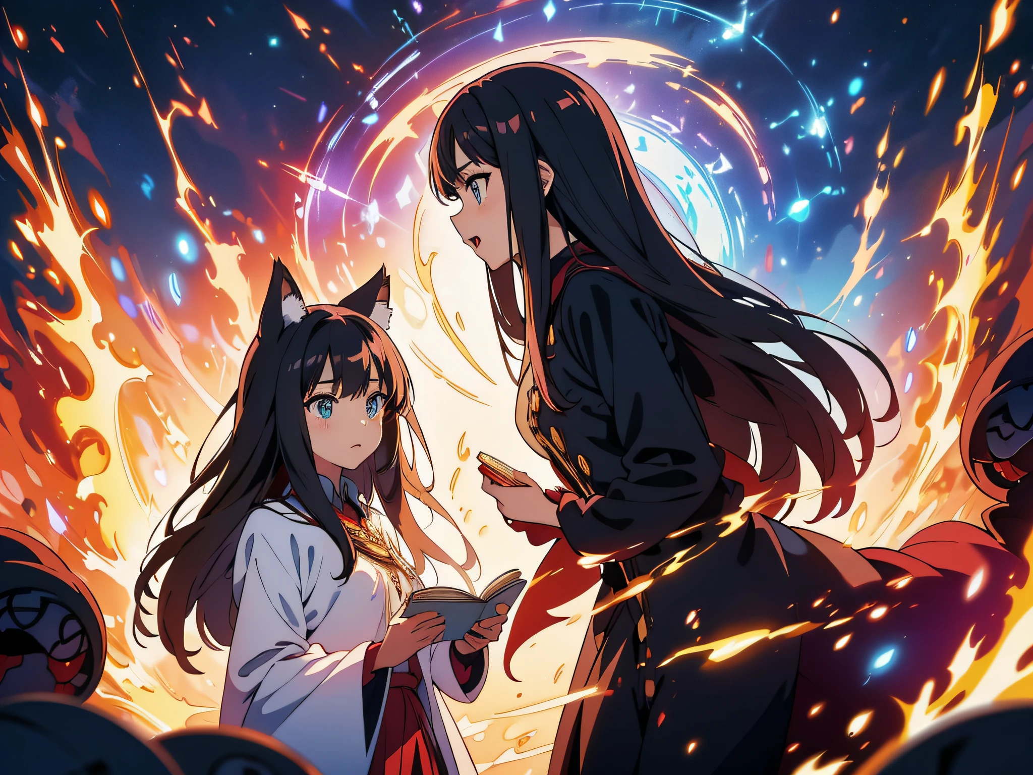 masterpiece, In a world where magic and technology exist side by side, a young nekomimi magician (black hair, long hair) sets out on a journey to hone their skills and uncover the secrets of their powers, beautiful eyes finely detailed. Along the way, they meet a diverse cast of characters, including other mages, robots, and creatures from beyond their world. As they travel through fantastical lands and face incredible challenges, the mage must learn to harness the full potential of their abilities and unlock the true potential of magic in the modern age.