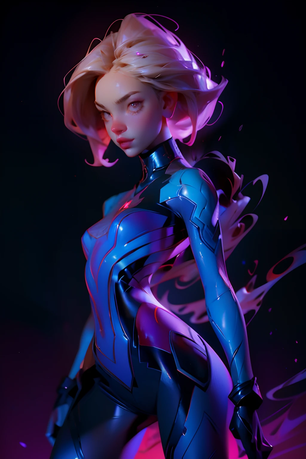 Create a full-length portrait of Swivien, a captivating fusion character blending elements from Samus Aran, Sombra, and Spider-Gwen. Show Swivien's high-tech power suit merged with a cyber-hacker outfit. Illuminate her features with meticulous attention to detail, capturing the essence of her hybrid design. Make sure to capture her dynamic pose and full length in stunning realism, highlighting the fusion of iconic styles in this unique character. SombraOver, gwenstacy, samus
