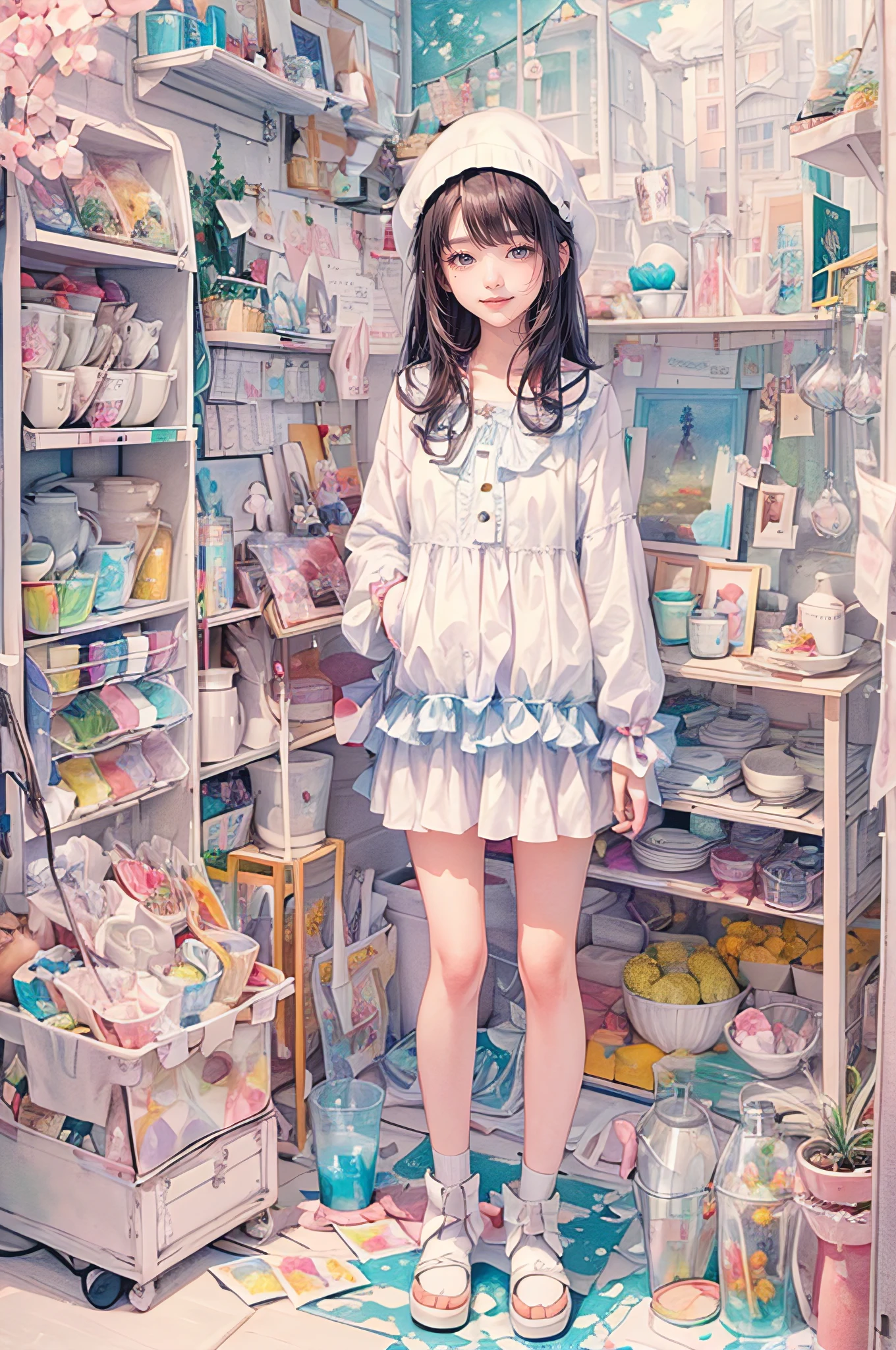 Cute smile.(Ink on Japanese paper, which tends to bleed easily)(contemporary art like a picture book) (transparent watercolor) (light itself expressed as real) (layers of soft, rich colors) (shades of paint dissolved thinly with water) (deep, delicate colors)