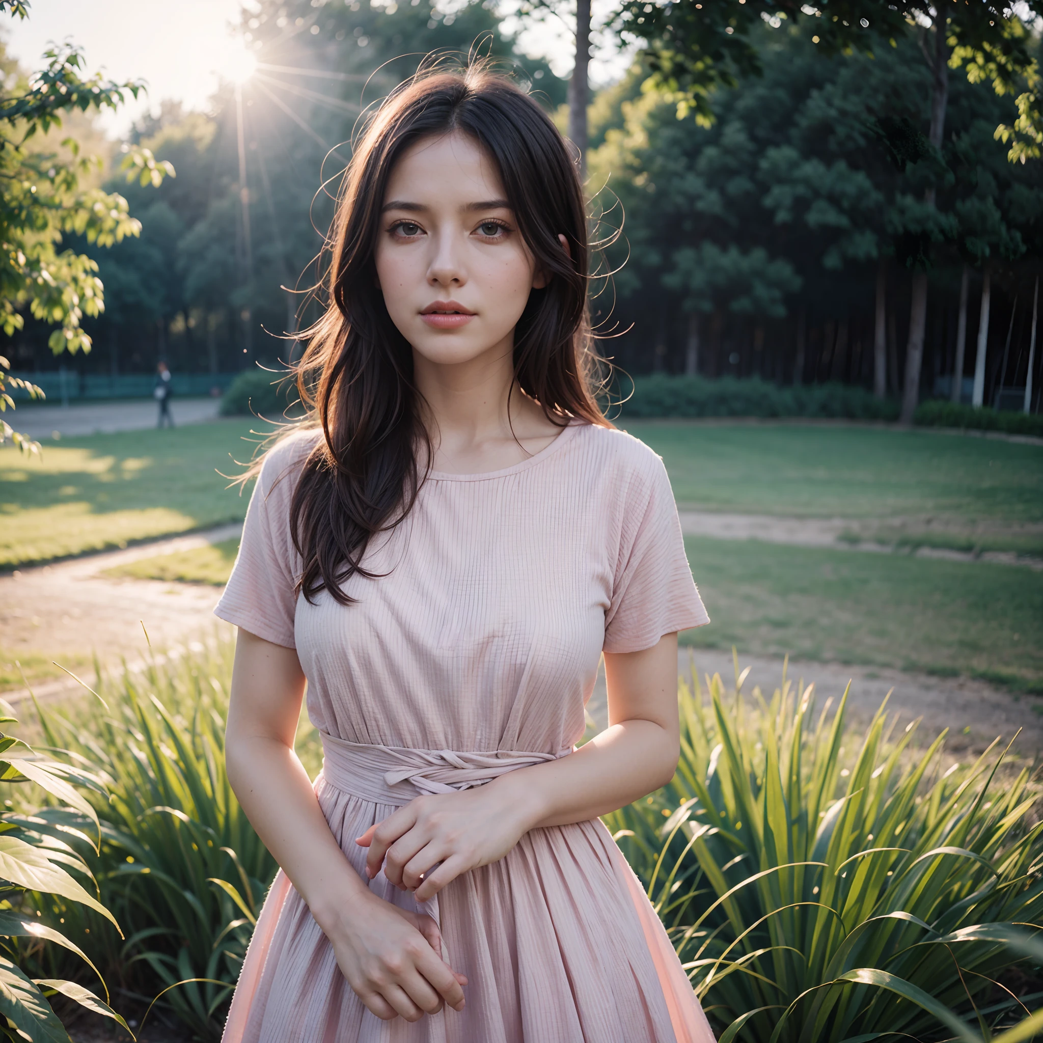 portrait of a cute woman,in park, reeds, (backlighting), realistic, masterpiece, highest quality, lens flare, shade, bloom, [[chromatic aberration]], by Jeremy Lipking, by Antonio J. Manzanedo, digital painting,pink dress