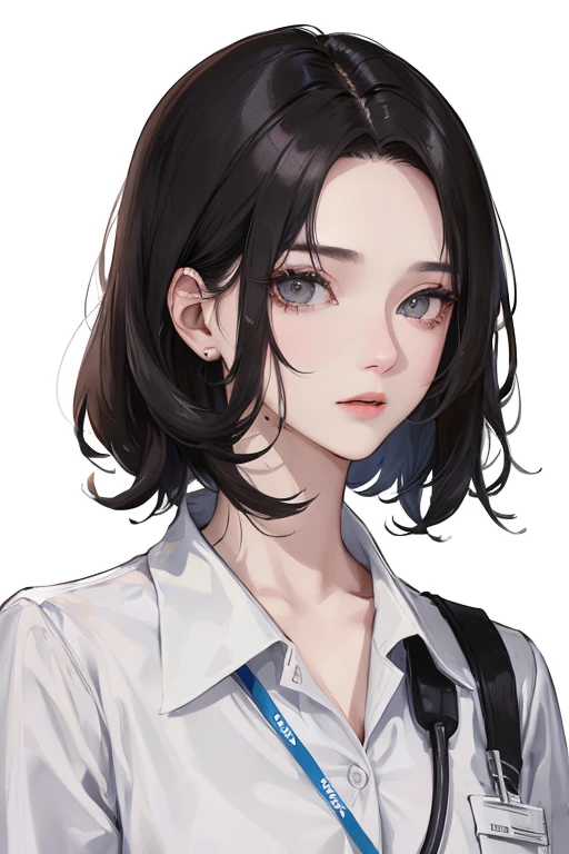 (Top resolution、Distinct_image)top-quality、femele、​masterpiece、ighly detailed、Semi-realistic、Black short hair、Dark hair、grey  eyes、bangss、25-years old、Mature、年轻、Exquisite facial features、Facial features,Casual clothing、nurse、healthcare