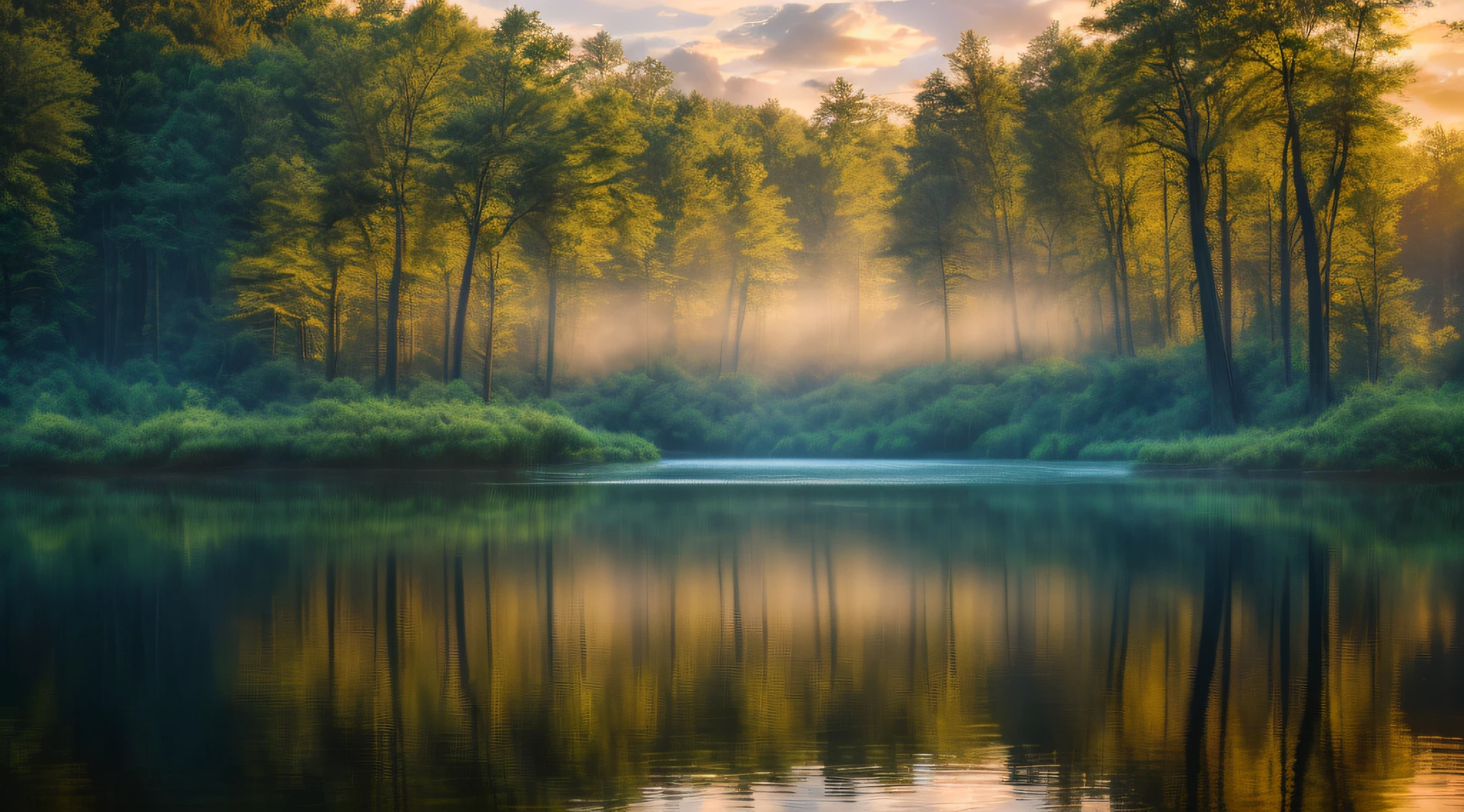 wallpaper, summer, lake, dawn, forest, detailed forest, clouds, masterpiece, cinematic, soft light, depth of field, ray tracing, reflection in water, realism, ulra detailed,