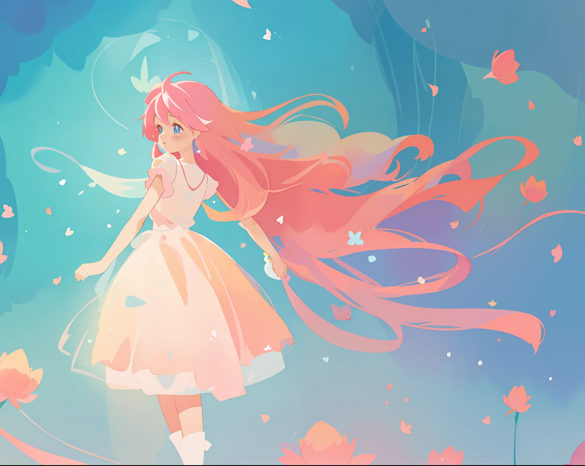 beautiful girl in white puffy tutu dress, long flowing pink peach hair, colorful fantasia background, watercolor illustration, disney art style, beautiful digital illustration, fantasia otherworldly landscape plants flowers, beautiful, masterpiece, best quality, anime disney style