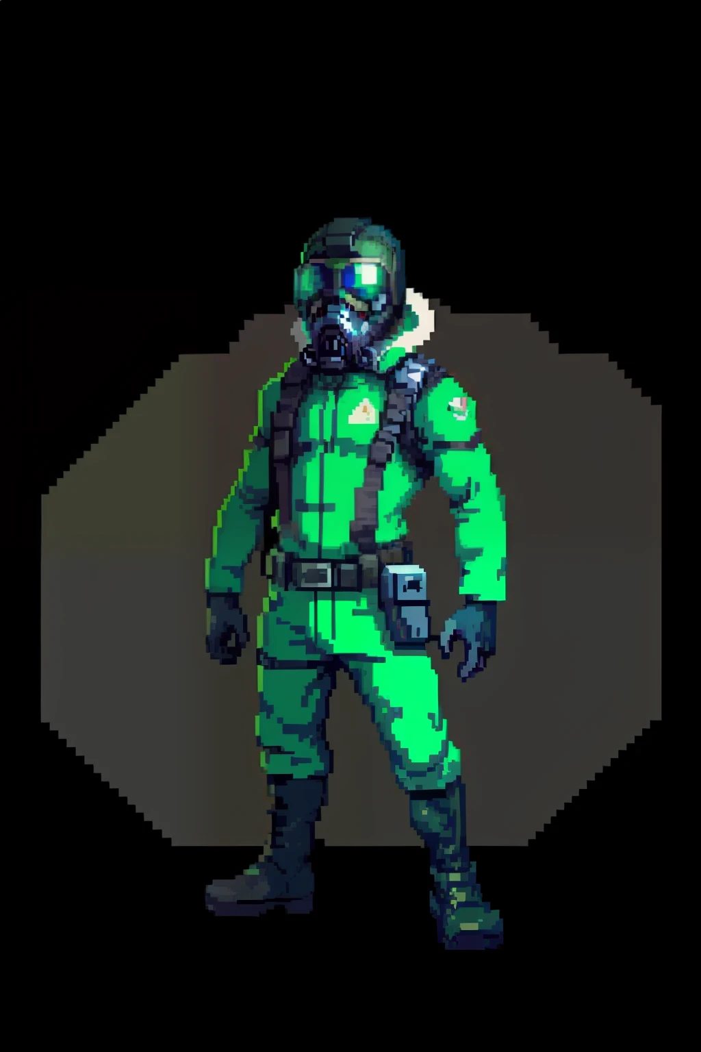((In the style of pixel art)), pixel, 4-bit pixel art, A man in a dark green uniform wearing a gas mask, White Makeup , black backdrop, Ultra-detailed pixel art