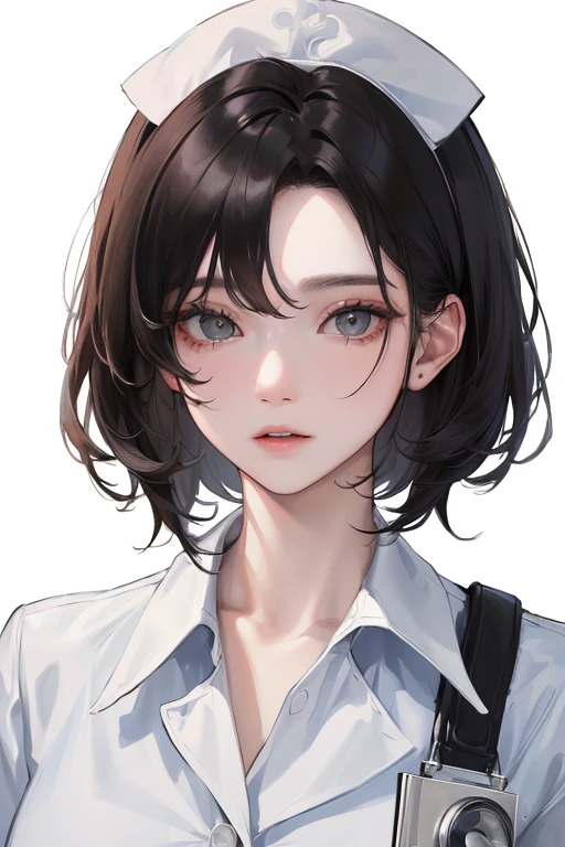 (Top resolution、Distinct_image)top-quality、femele、masterpiece、ighly detailed、Semi-realistic、Black short hair、Dark hair、grey eyes、bangss、25-years old、Mature、年轻、Exquisite facial features、Facial features,Casual clothing、nurse、healthcare