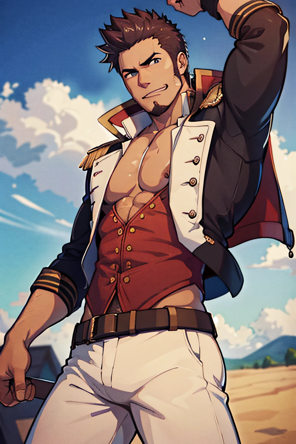 napoleon bonaparte, muscular male, grin, looking at viewer, open clothes, military uniform, jacket, epaulettes, partially unbuttoned, white pants,((masutepiece)),((Best Quality)),8K,detaileds,Ultra-detailed,Anime,nffsw,{{masutepiece, Best Quality, Highly detailed ajc, Unity 8k壁纸 }}、(Detailed: 1.2), (Very detailed and beautiful: 1.1)、（ratex: 1.1） Solo, Male-only, muscular male, Full body depiction, Male-only, (playboy ), Sexy, Functional, A space full of hot air and steam , Excessive pectoral muscles, muscular,Sweating,Puffiness in the crotch area