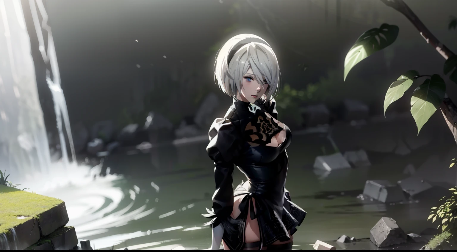 Camera from above, Frame from above, leans forward, water fall, Standing under running water, Awash, black stand-up skirt, short black skirt, sexypose, woods, Ruins, water fall, Erotica, shapely legs, White Hair Bob, ashy hair, The eyes are covered with a bandage, Cyan eyes, black dress with a short skirt, short black skirt, Skirt covers buttocks, neckline on the chest, white panty, black stockings, high black boots, high-heeled boots, very extremely beautiful, Small firm buttocks, Slender figure, Full-length(Body Full 1.1),Game nier automata, ruined city, The city, overgrown with plants, Ruins, high detail official illustrations, ((beautiful fantasy girl)),Red Small Breasts, Her breasts are sticking out from under her clothes, BREAK (Master Part: 1.2), Best Quality, High Resolution, photorealestic, photogenic, Unity 8k壁纸, (illustartion: 0.8), (Beautiful detailed bluish-gray eyes: 1.6), extremely detailed face, perfect lighting, extremely detailed CGI , (perfect arms, perfect anatomy), A girl with perfect breasts, beatiful face, master study, intricate details, Detalhes realistas, the anime, (Based on nier automata) the perfect body, The Perfect Girl, perfect details, Ultra HD |, 8K, Professional photo, Anime Style 2B,